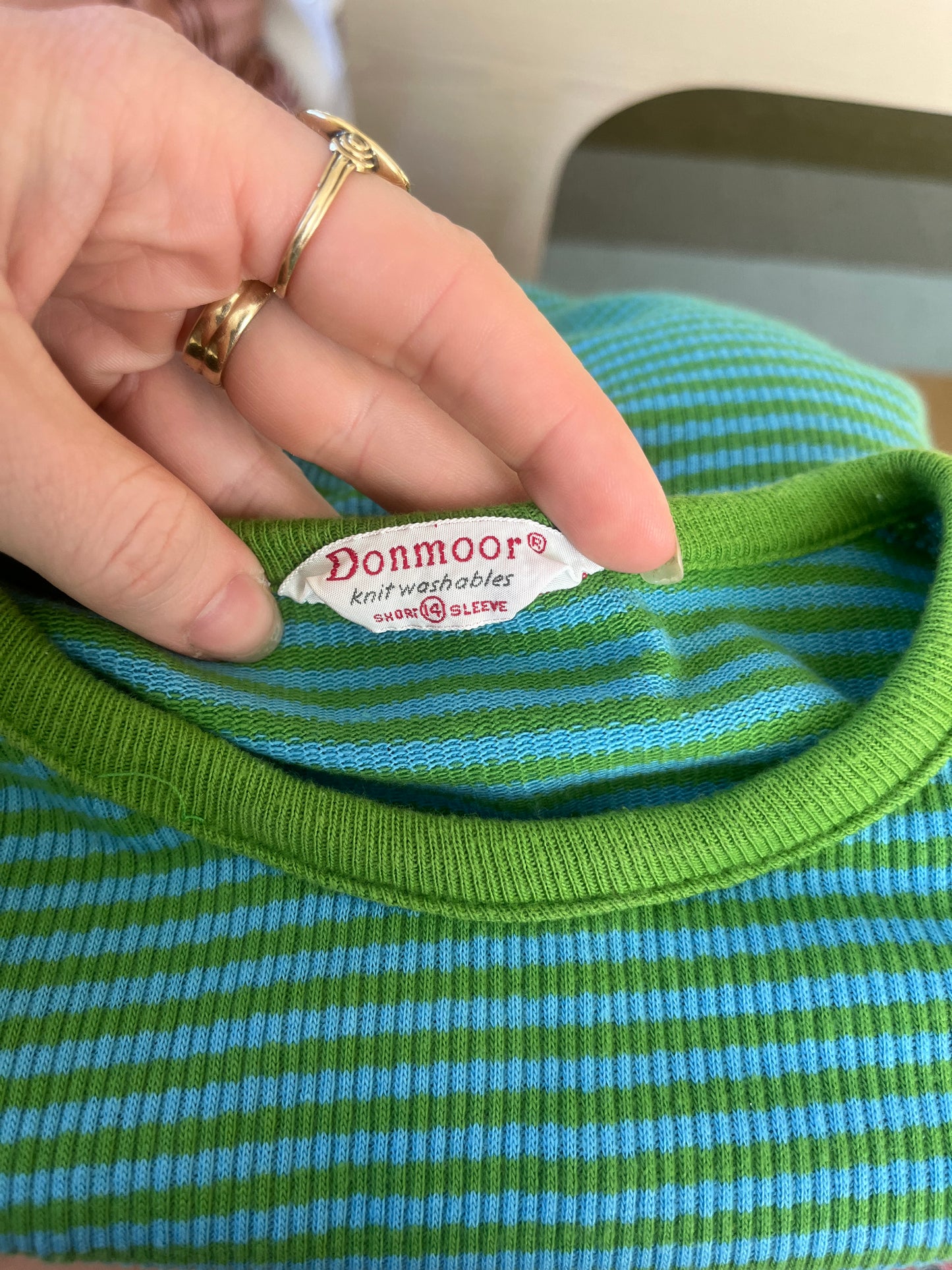 Vintage 1960s 1970s Green and Blue Striped Tee