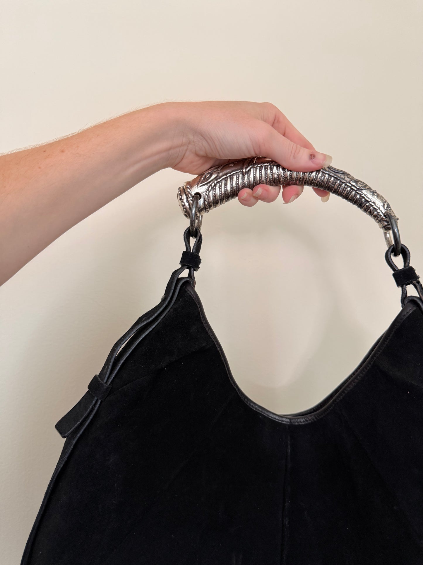 Vintage YSL Mombasa Black Suede Purse with Metal Horn