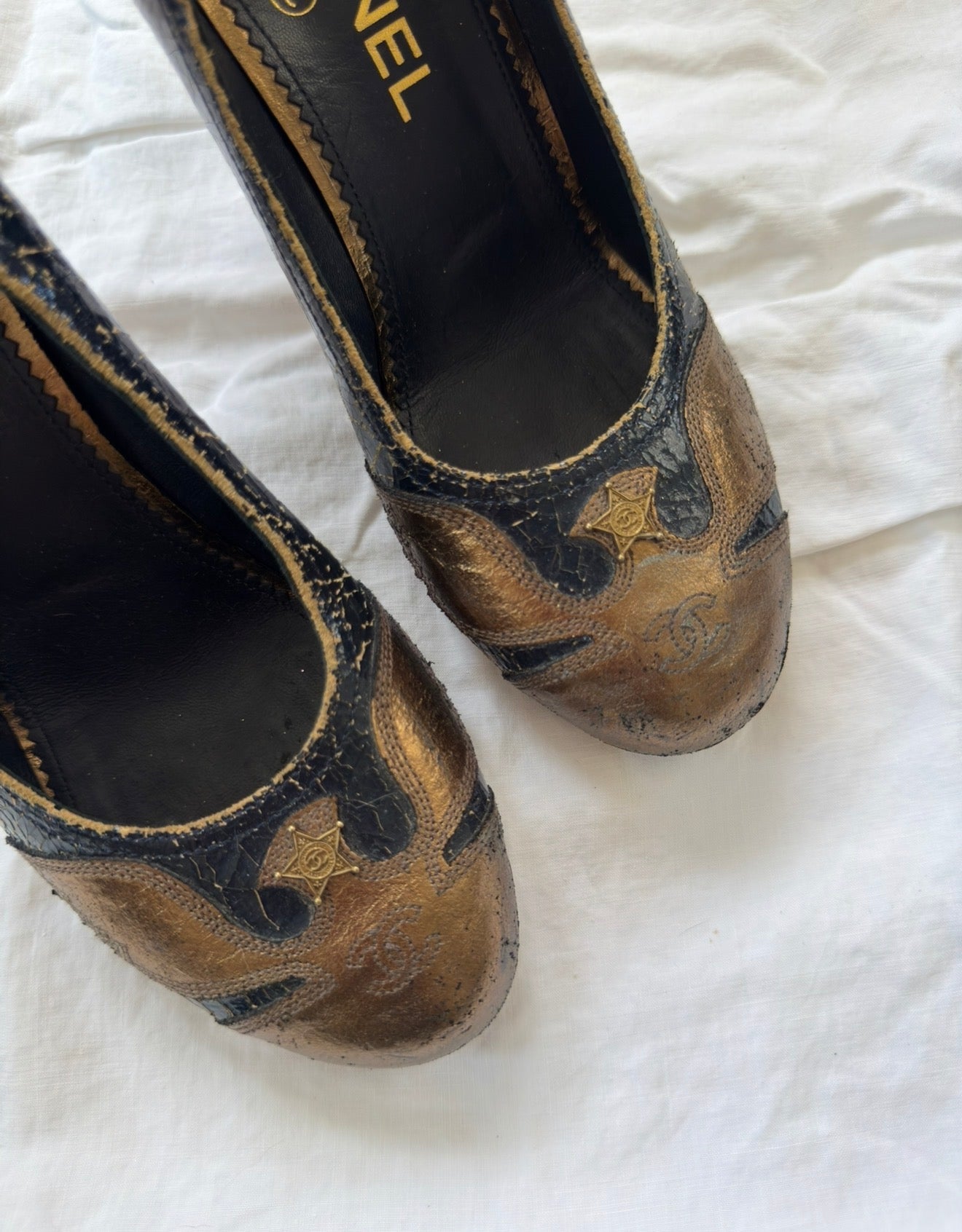 Rare Vintage Chanel Crackled Leather Pumps with Large Bird Detailing 38