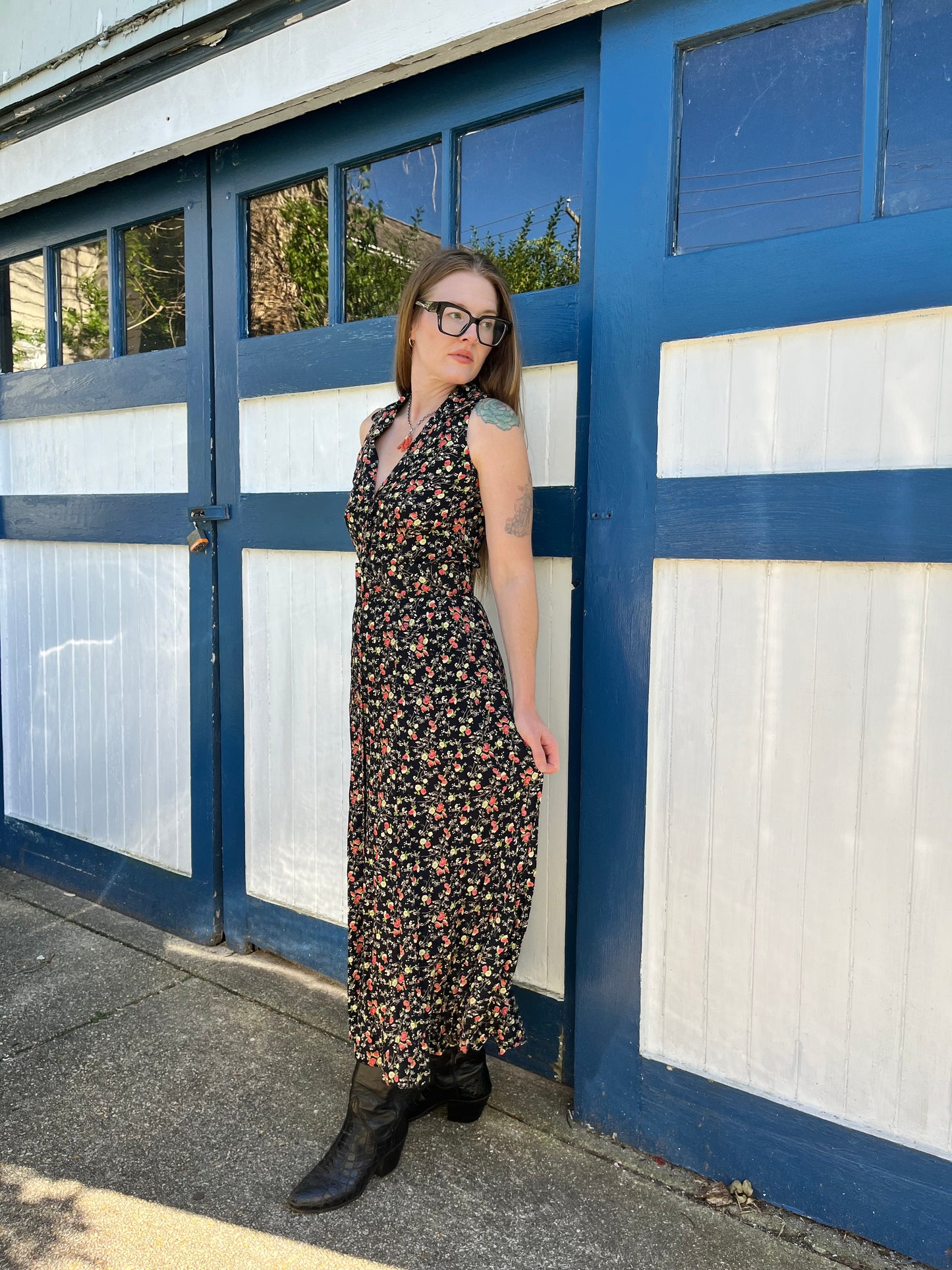 1990's 100% Rayon Black Floral Maxi Dress Elizabeth Wayman