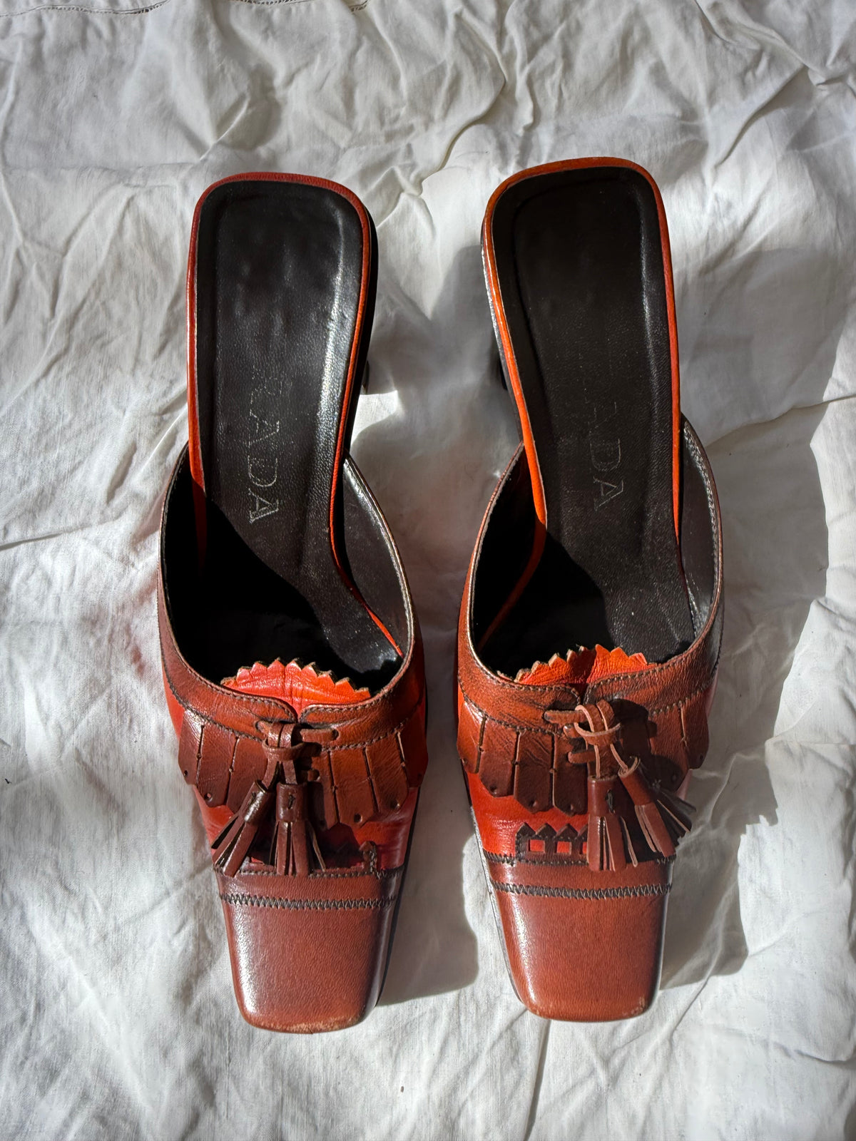 Vintage Burnt Orange Leather Prada Tassel Mule Heel 36.5