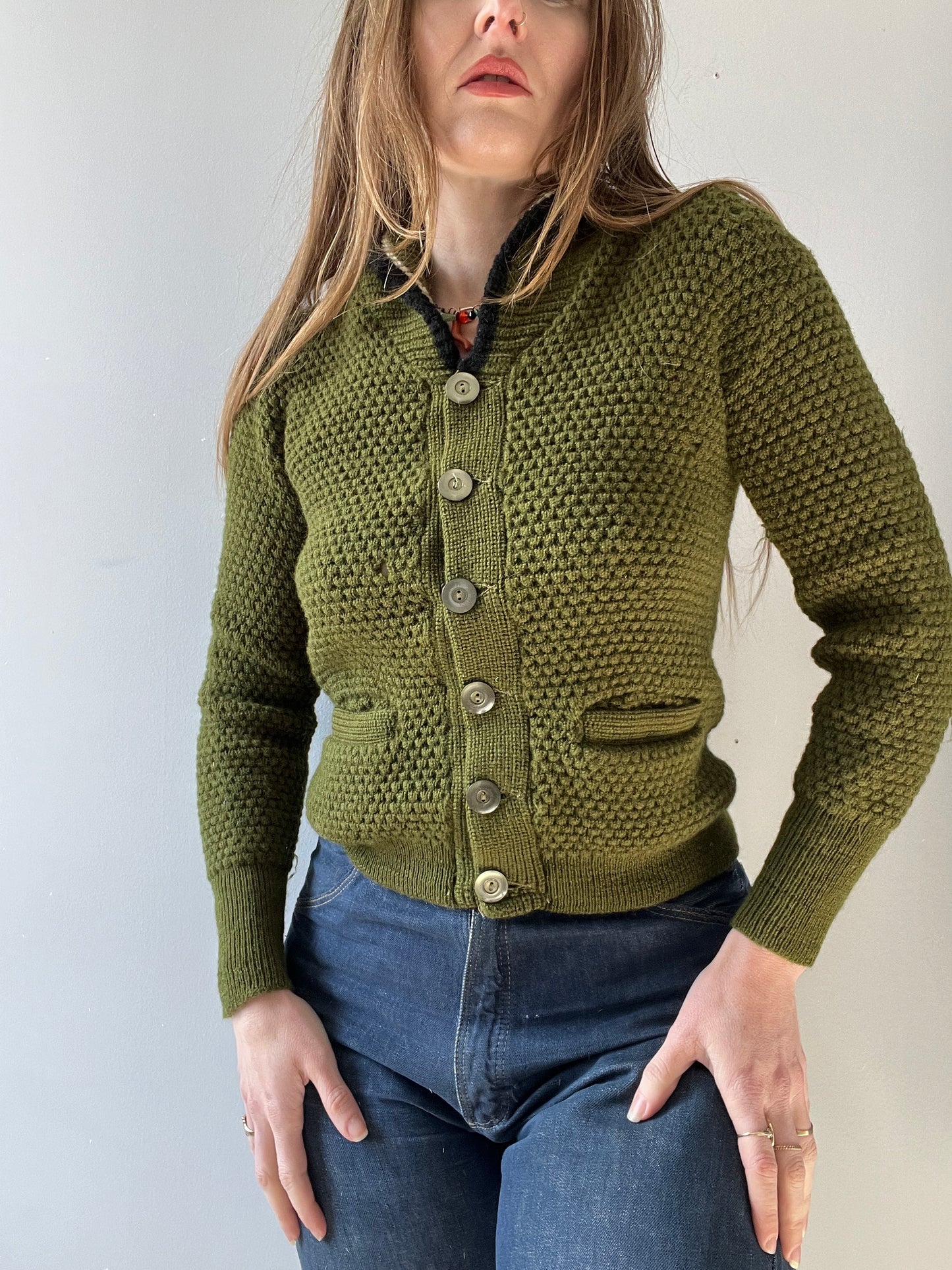 1950s Avocado Green Pennleigh Knit Shawl Sweater S