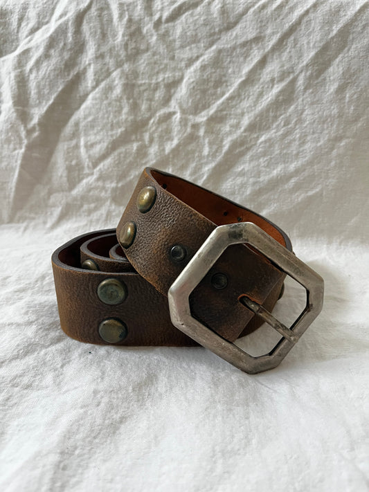 Brown Leather Belt with Brass Studs 32”-38”