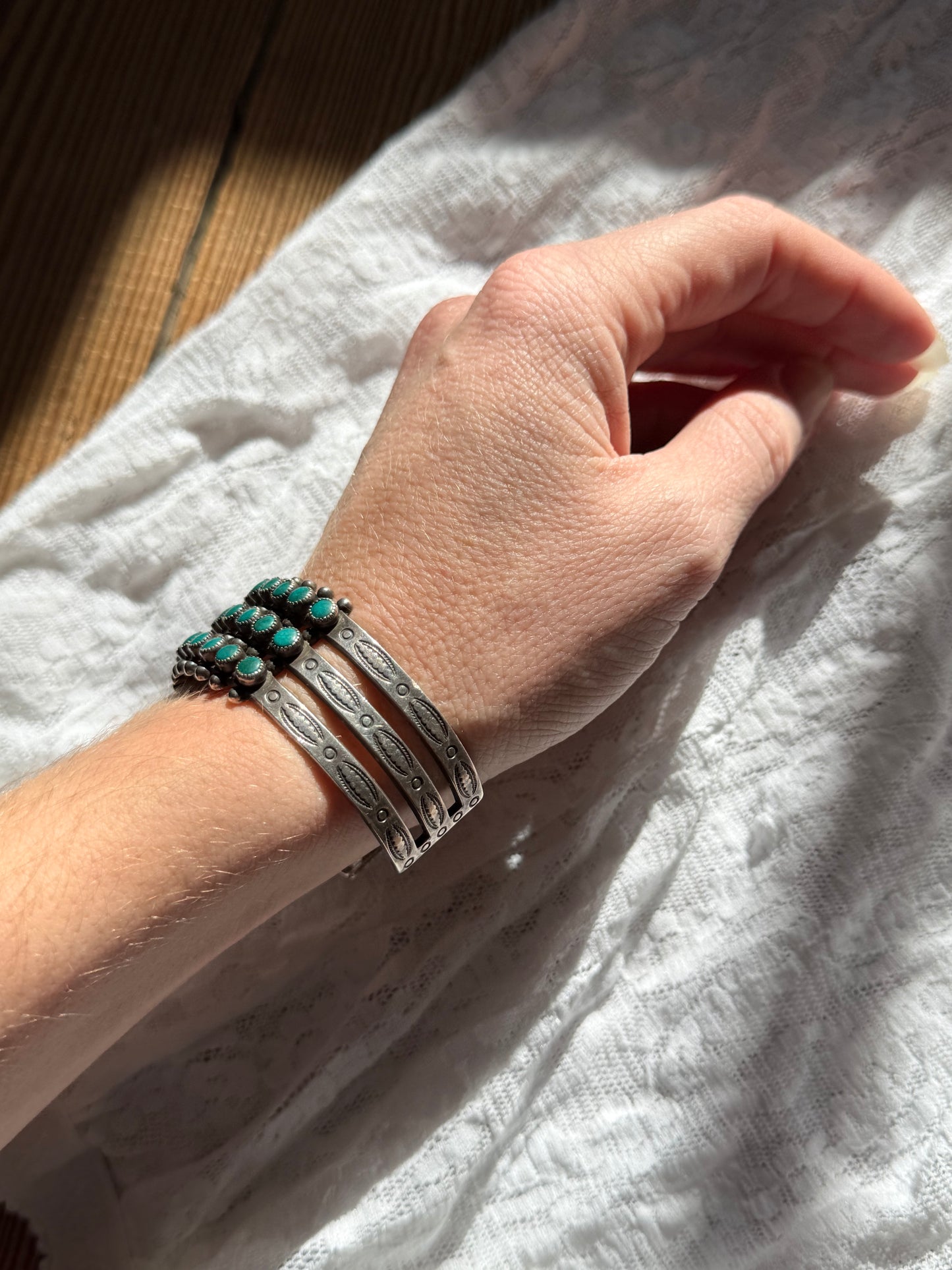 Antique Zuni 3 Row Snake Eye Turquoise 925 Silver Cuff