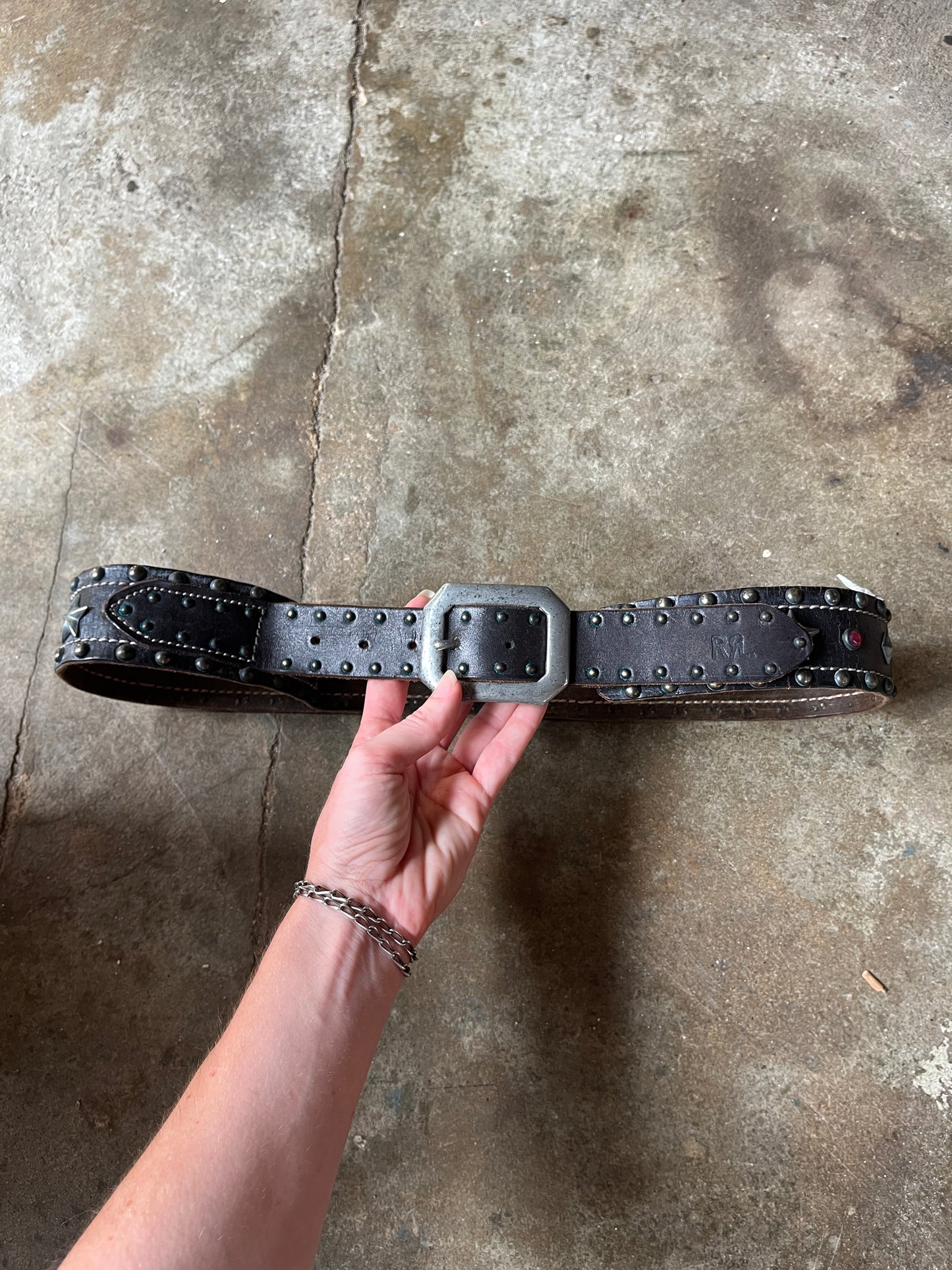 RRL Star and Jewel Studded Leather Biker Belt 34”-40”