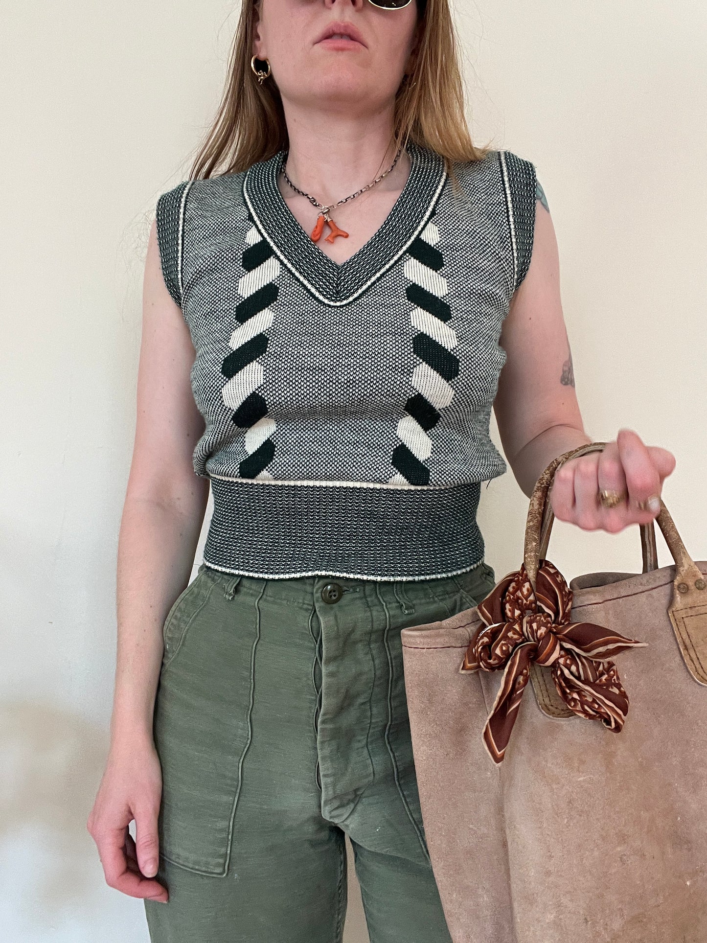 Vintage 1970s Cable Knit Green Sweater Vest