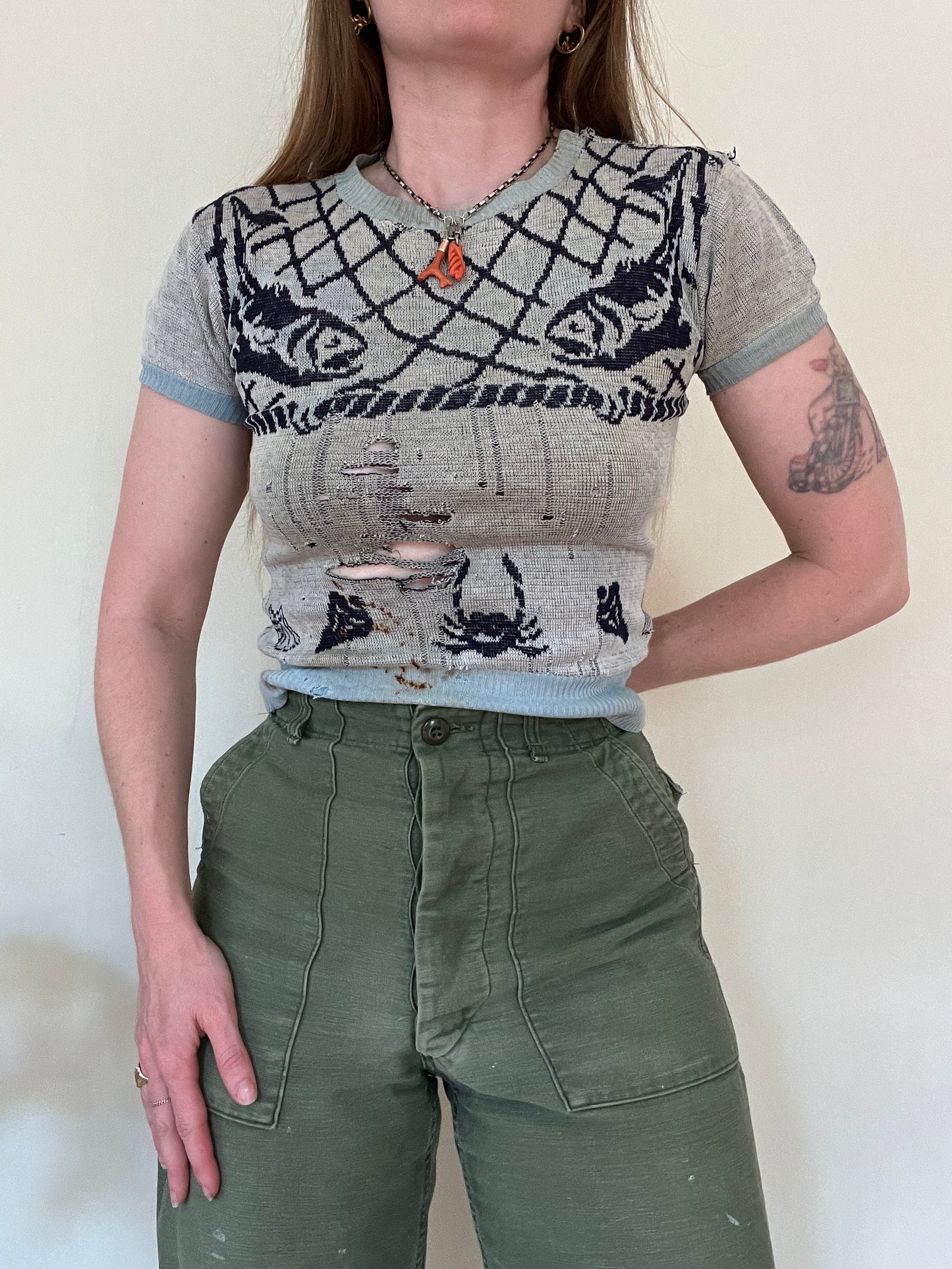 Vintage 1940s Novelty Fish Ocean Short Sleeve Knit Sweater S