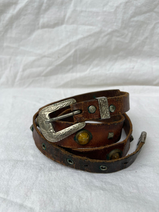 1950s Studded and Jeweled Thin Brown Leather Belt 37”-41” Plus Additional Belt