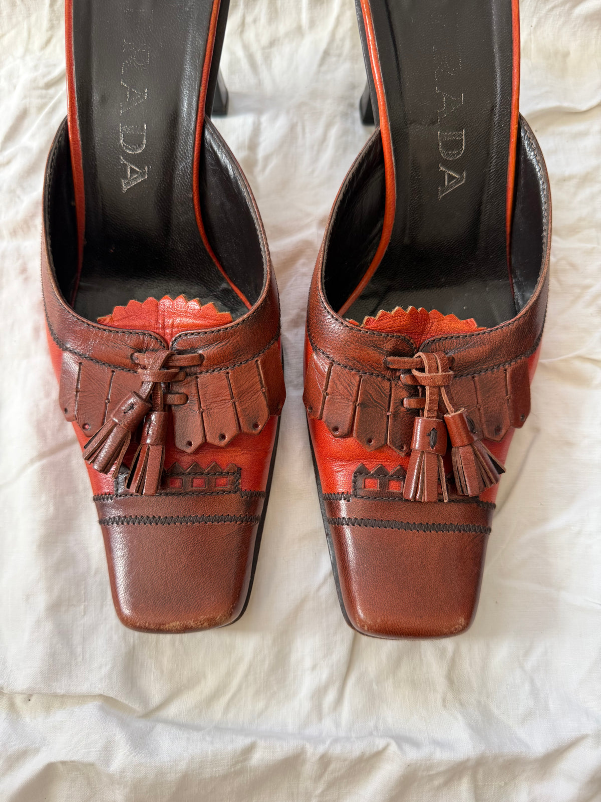 Vintage Burnt Orange Leather Prada Tassel Mule Heel 36.5