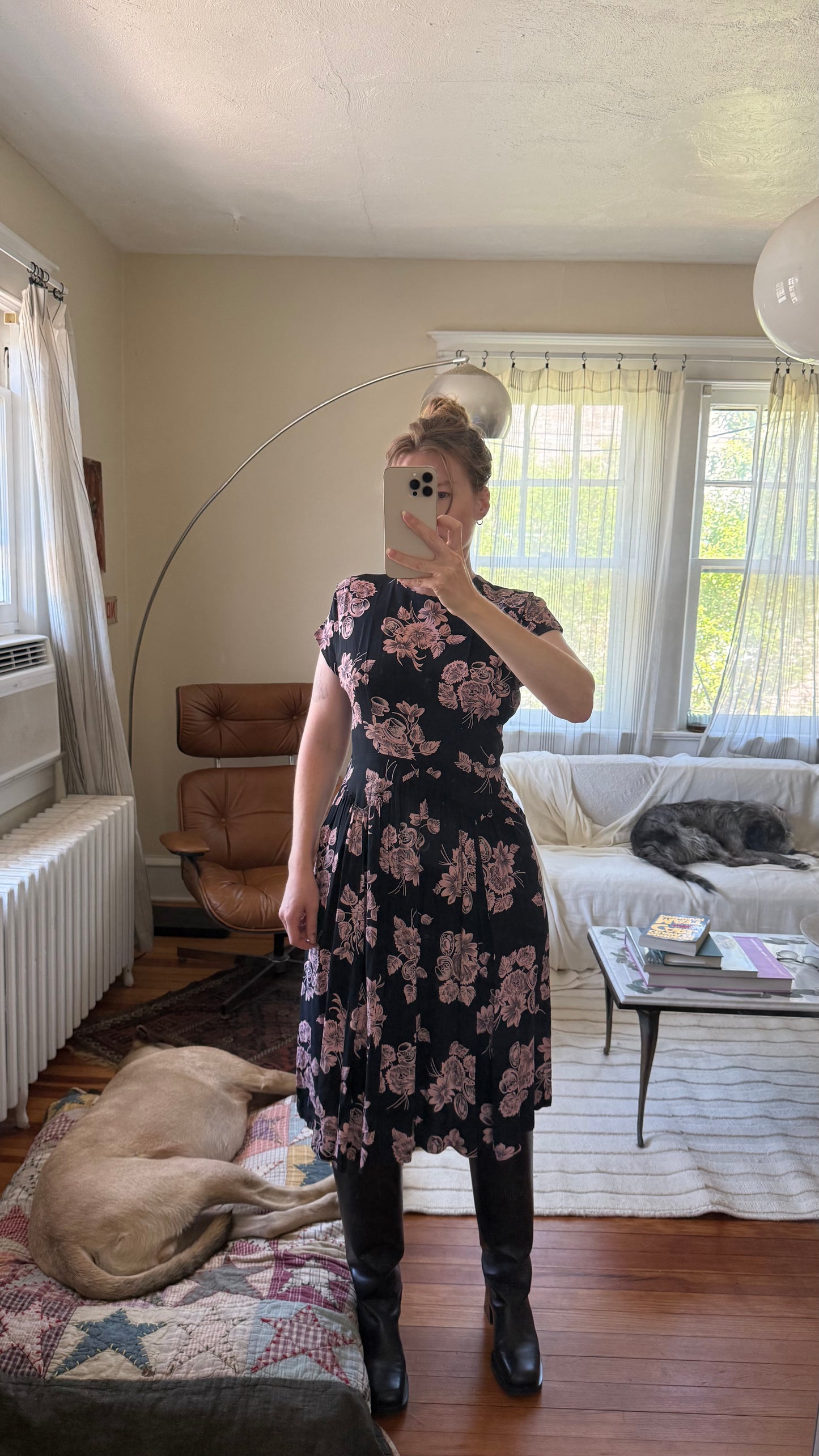 1940s or 1950s Cold Rayon Tea Cup Print Dress S/M