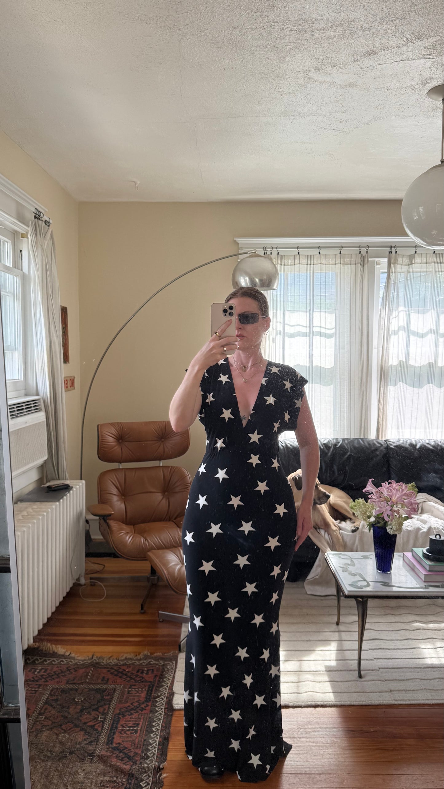 Norma Kamali V Neck All Over Star Print Gown M