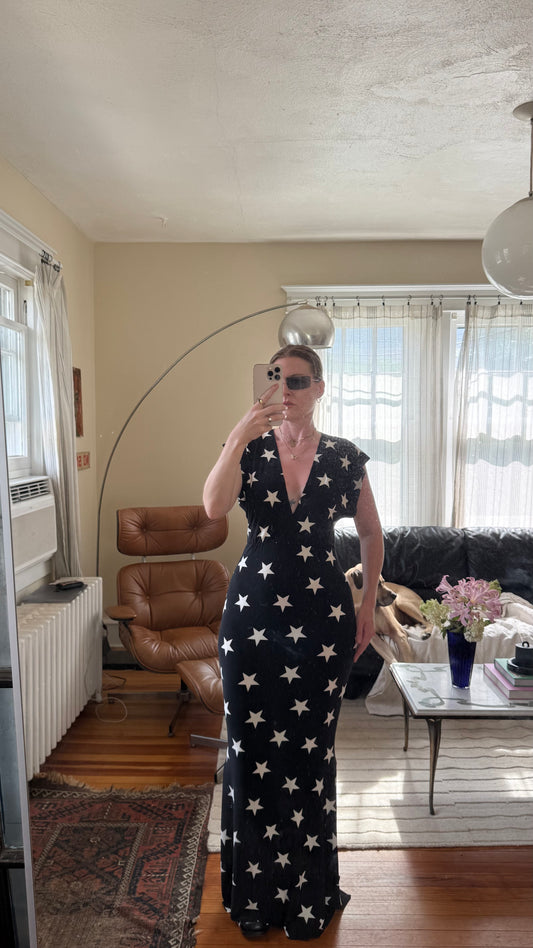 Norma Kamali V Neck All Over Star Print Gown M