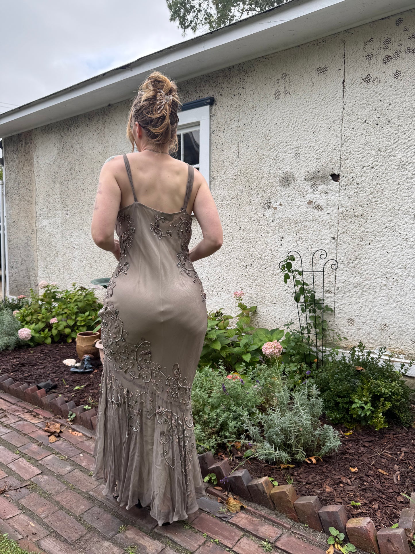 1990s 100% Silk & Beaded Scala Dress L