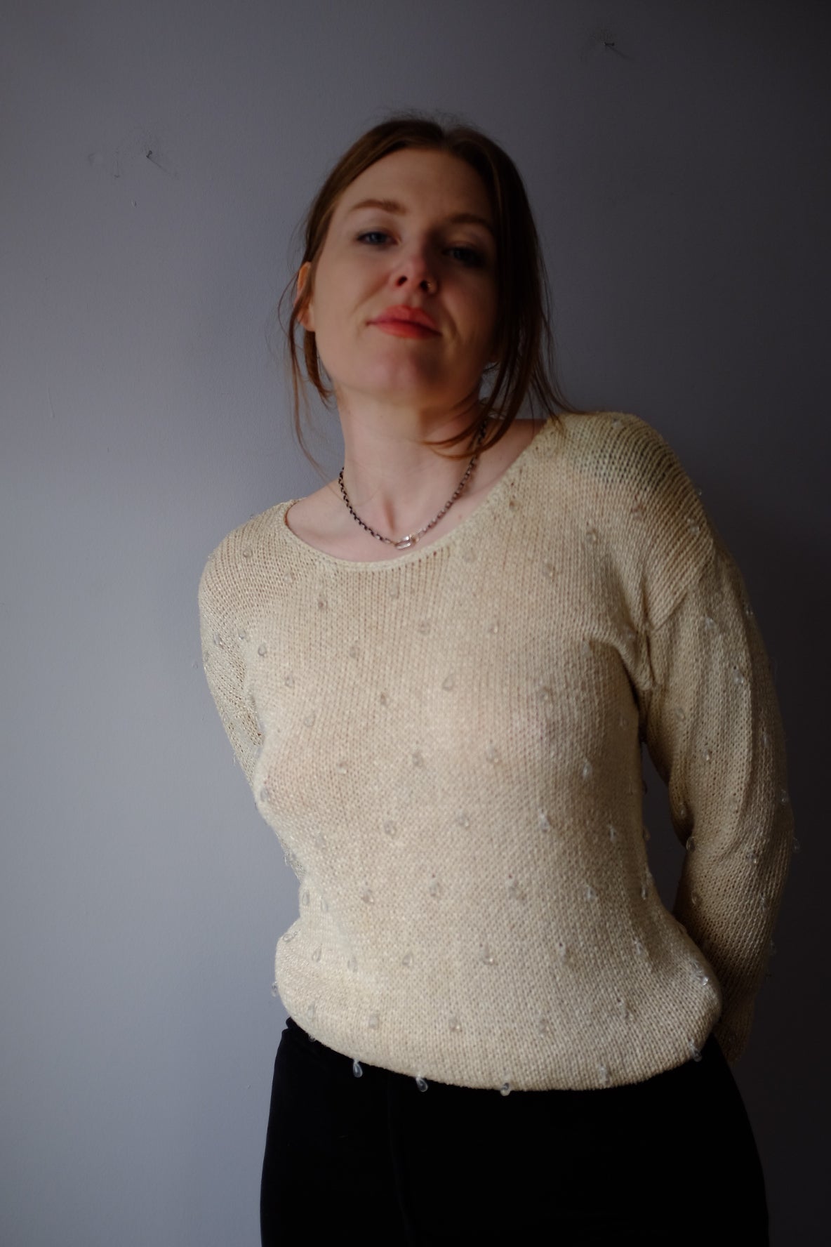 1980’s Cream Liz Wear Sweater with Beads S/M