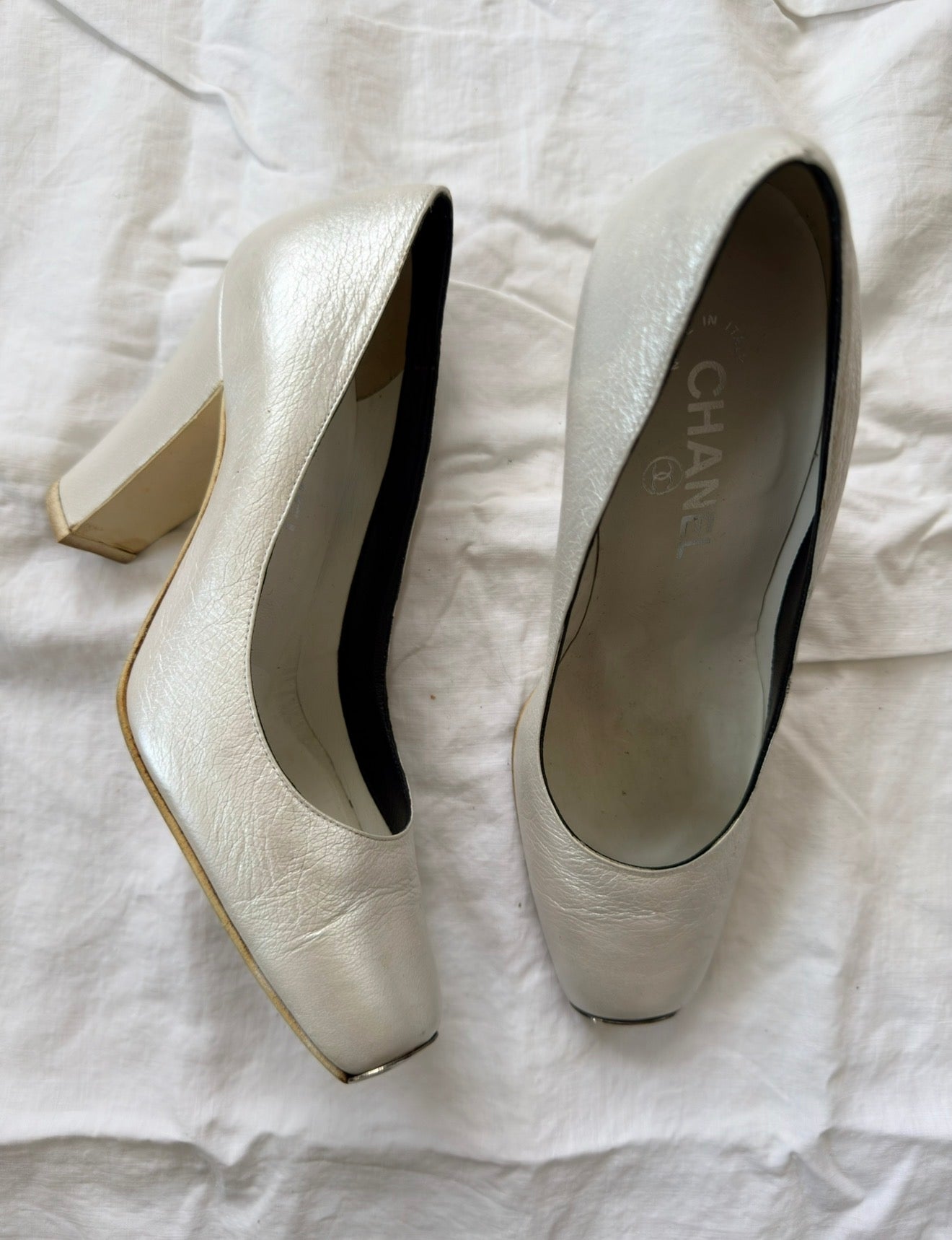 Vintage White Square Toe Chanel Heels 36.5