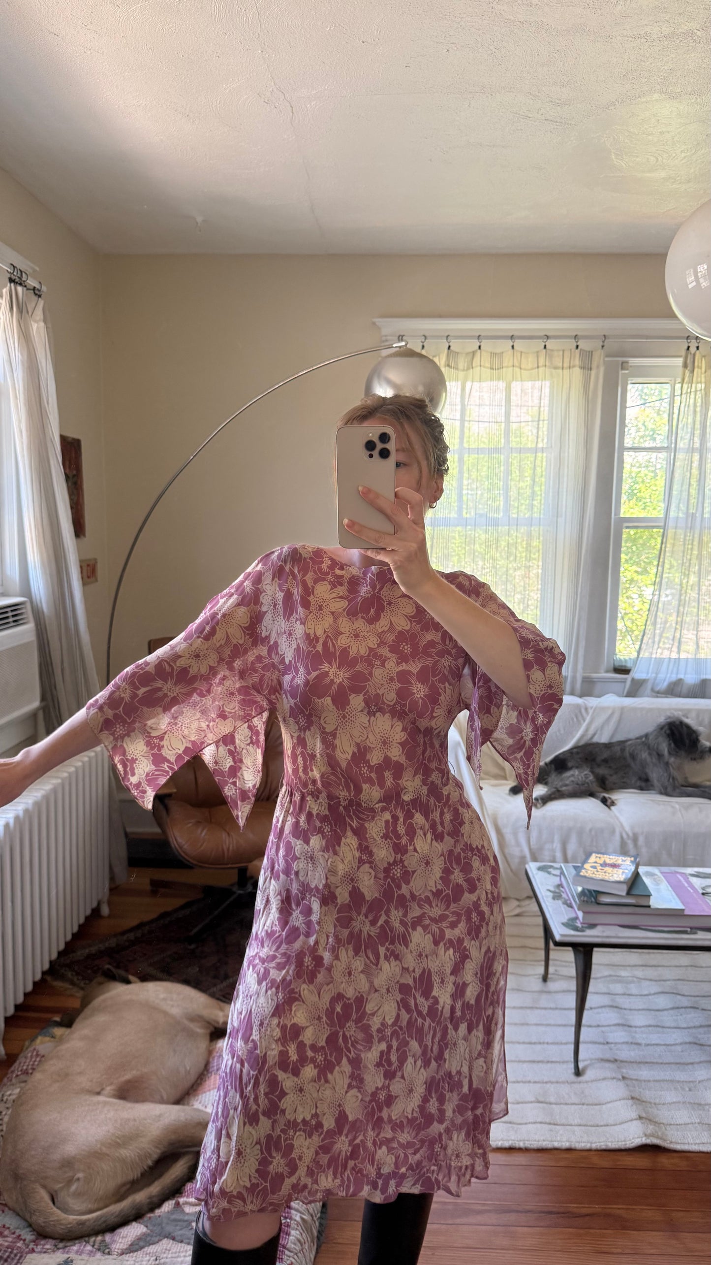 1930s 1940s Silk Chiffon Dress with Fairy Bell Sleeves M