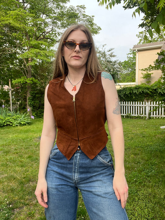 1930s 1940s Buckle Back Suede Zip Up Vest
