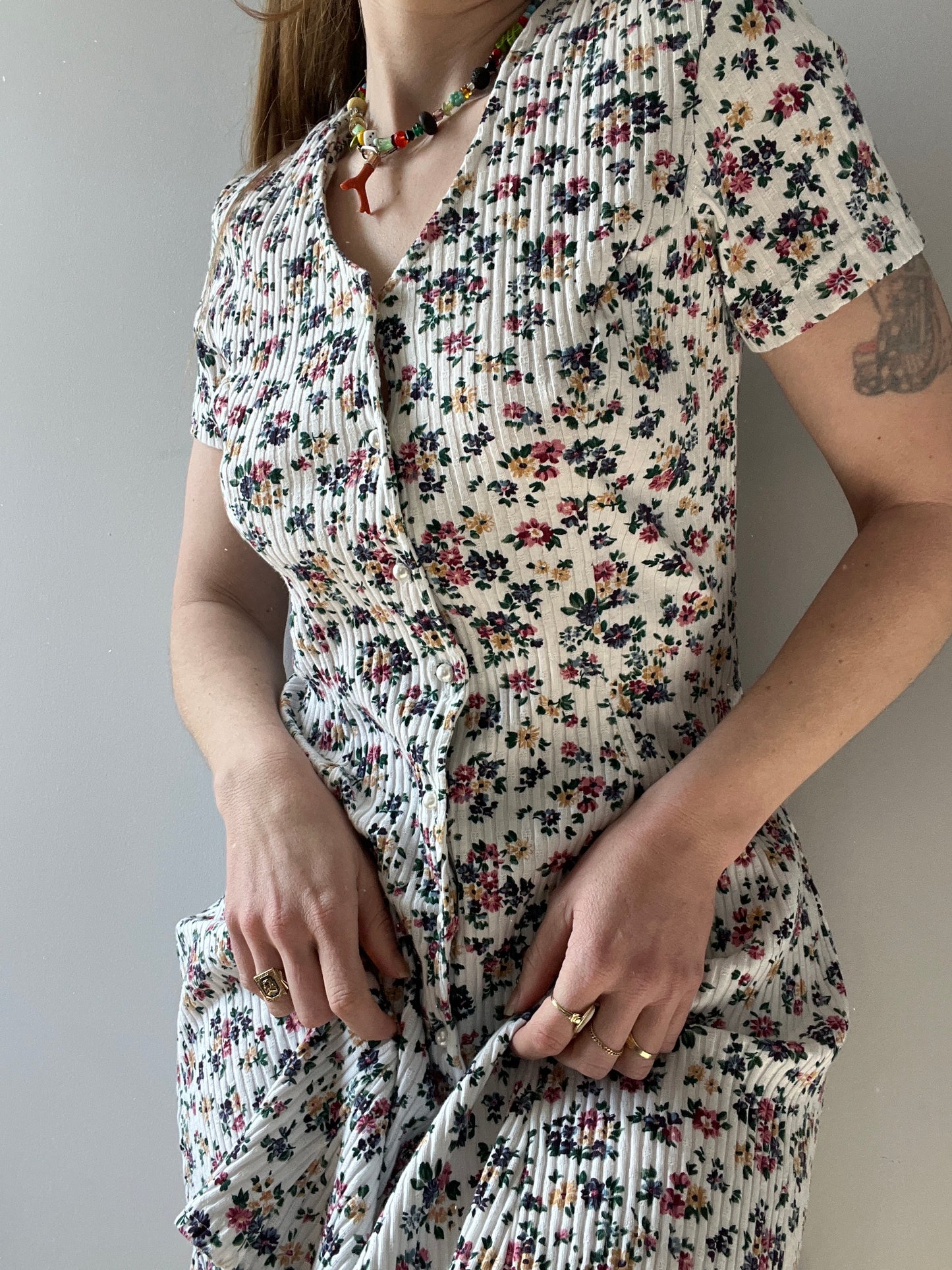 1990s Cotton Ribbed Floral Mini Dress M