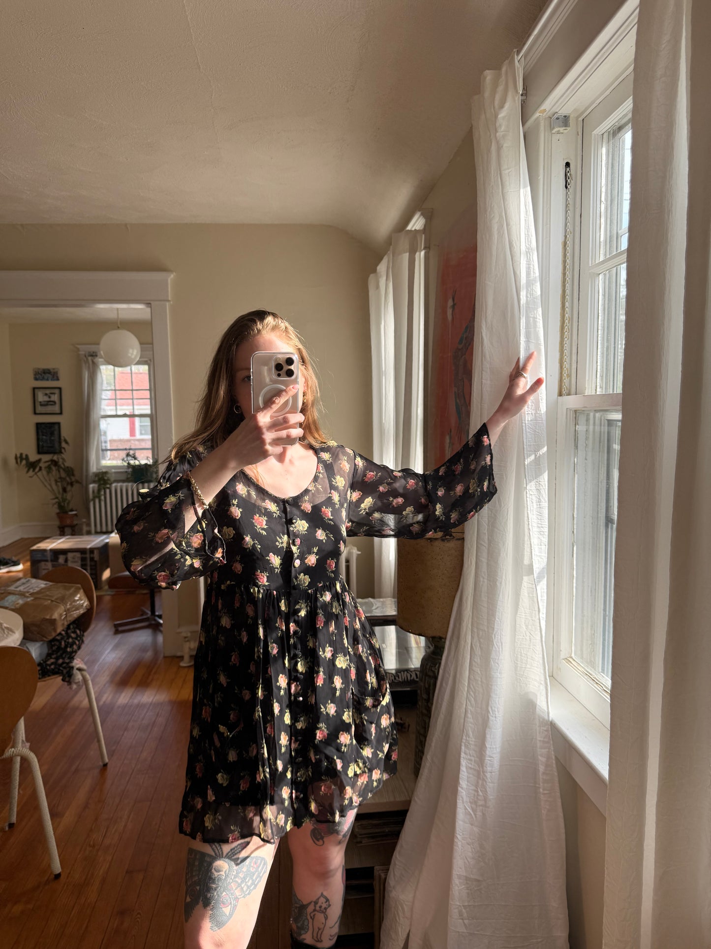 1990s Betsey Johnson Sheer Floral Dress & 1990s Floral Tank Dress