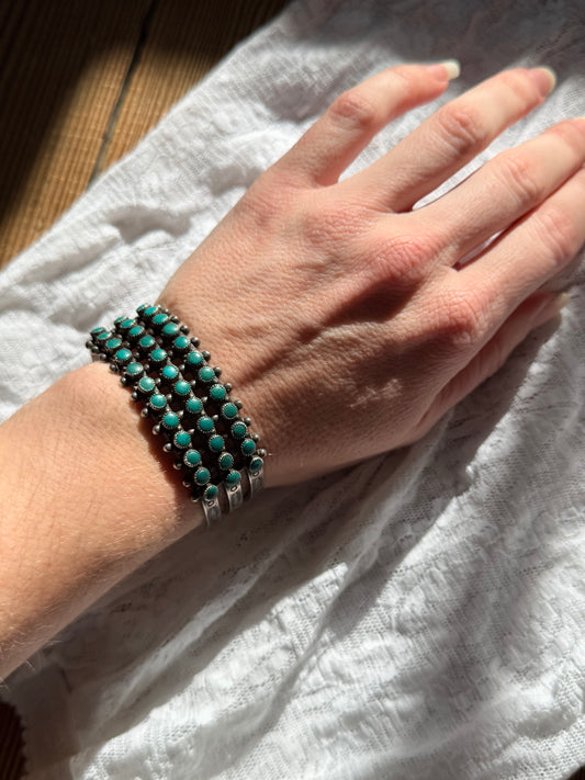 Antique Zuni 3 Row Snake Eye Turquoise 925 Silver Cuff