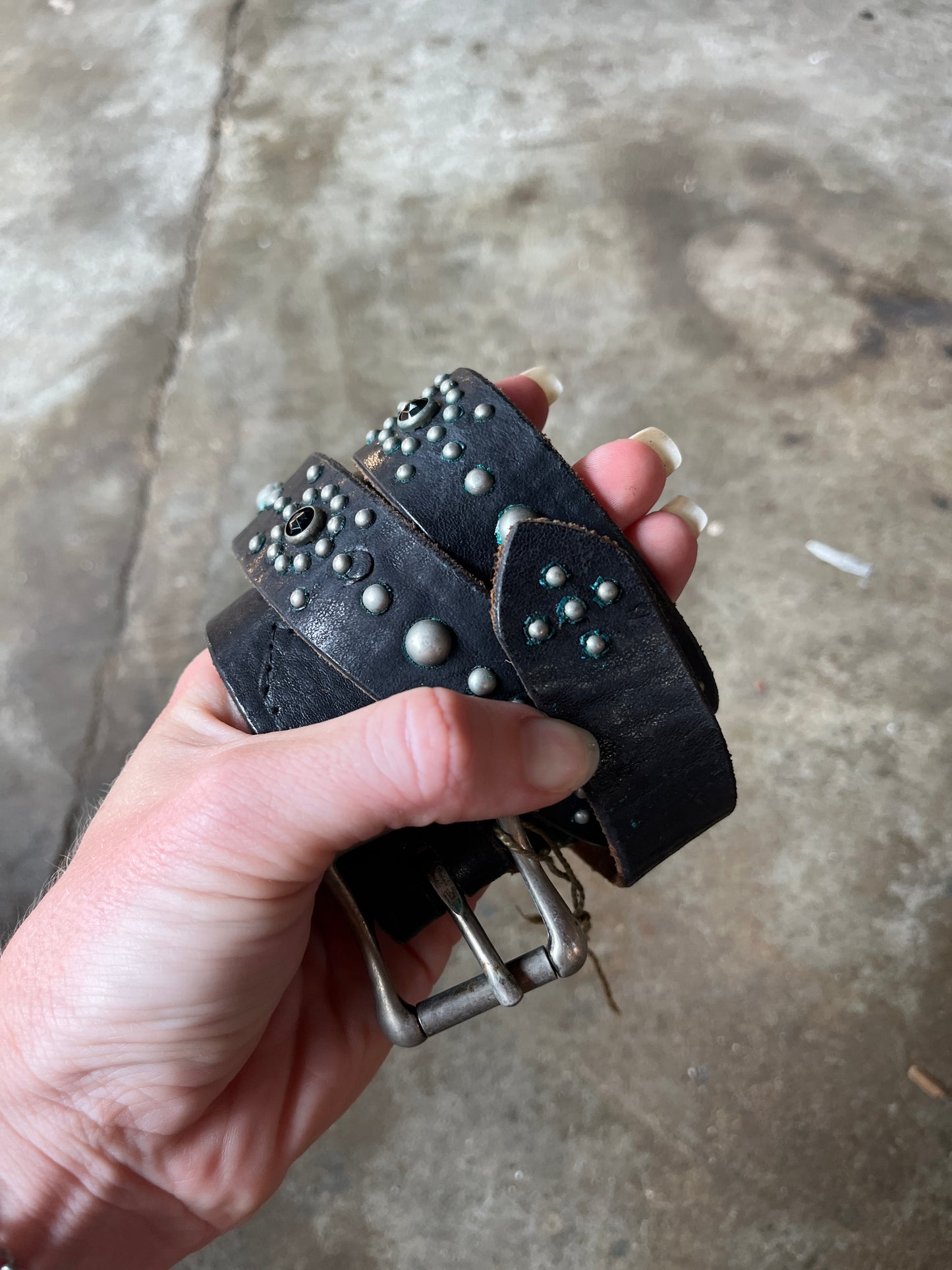 1930s Black Leather Studded and Jeweled Belt