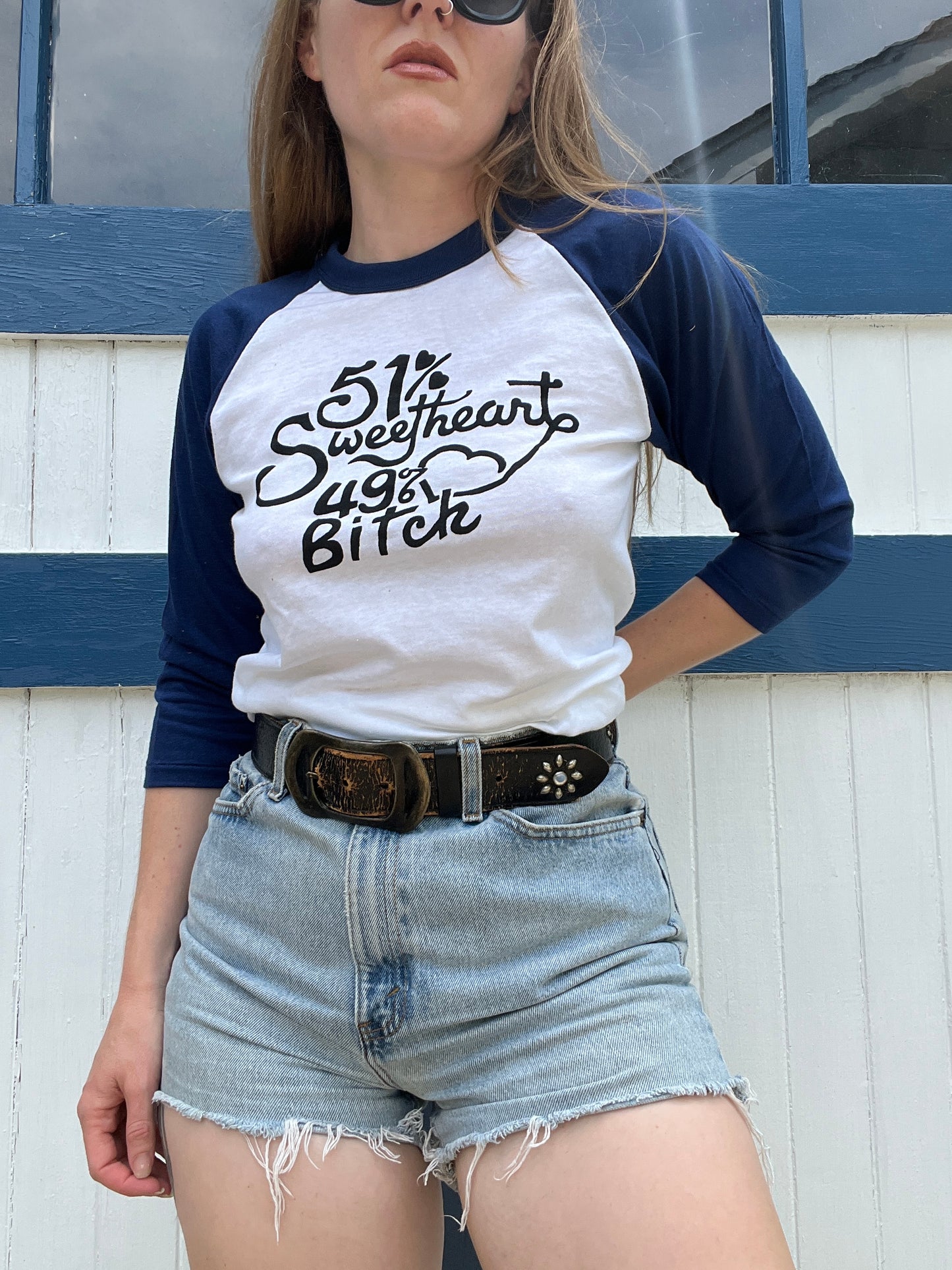 51% Sweetheart 49% Bitch Blue Raglan Tee S/M