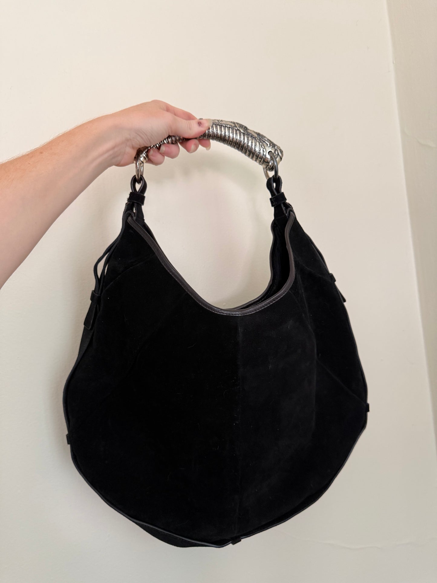 Vintage YSL Mombasa Black Suede Purse with Metal Horn
