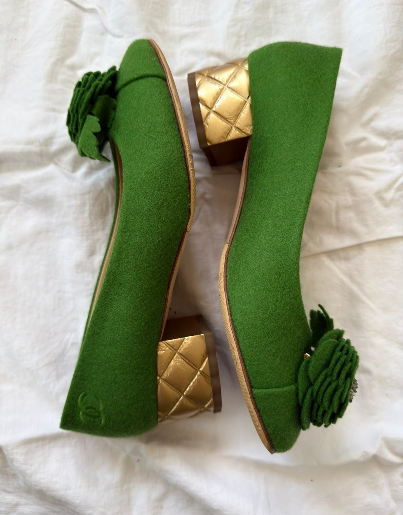 Kelly Green Chanel Camelia Felted Pumps 38C