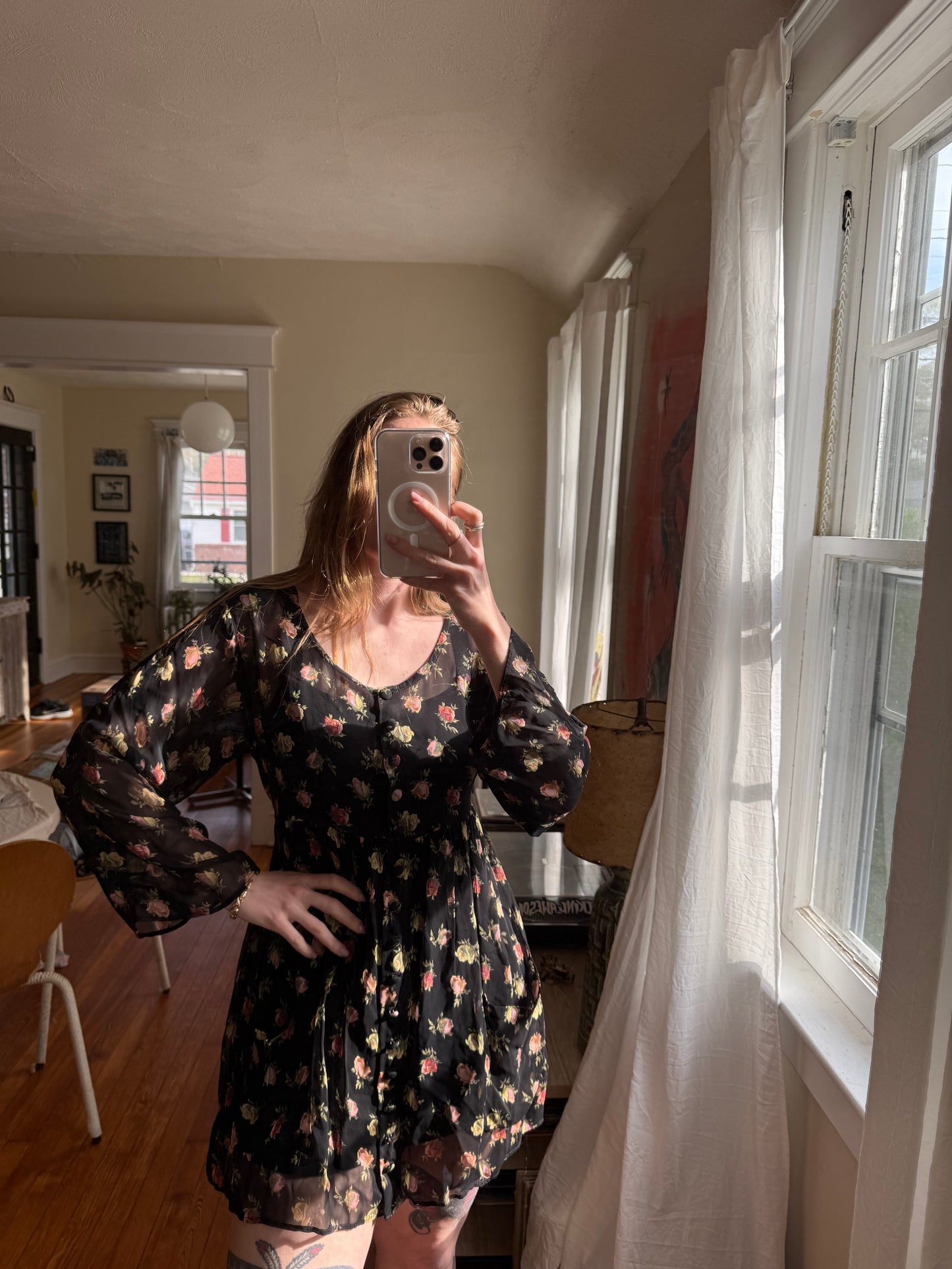 1990s Betsey Johnson Sheer Floral Dress & 1990s Floral Tank Dress