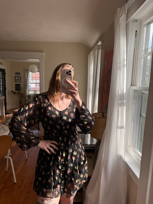 1990s Betsey Johnson Sheer Floral Dress & 1990s Floral Tank Dress