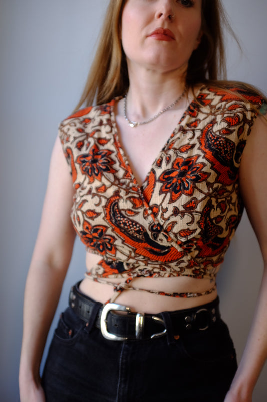 1970s Wrap Tie Cropped Blouse