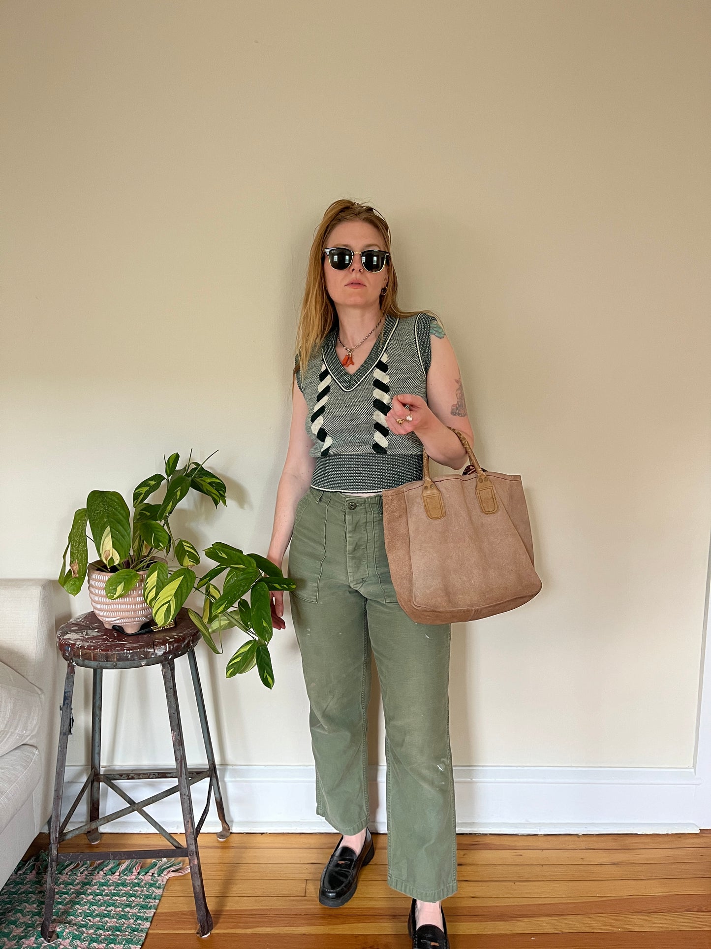 Vintage 1970s Cable Knit Green Sweater Vest