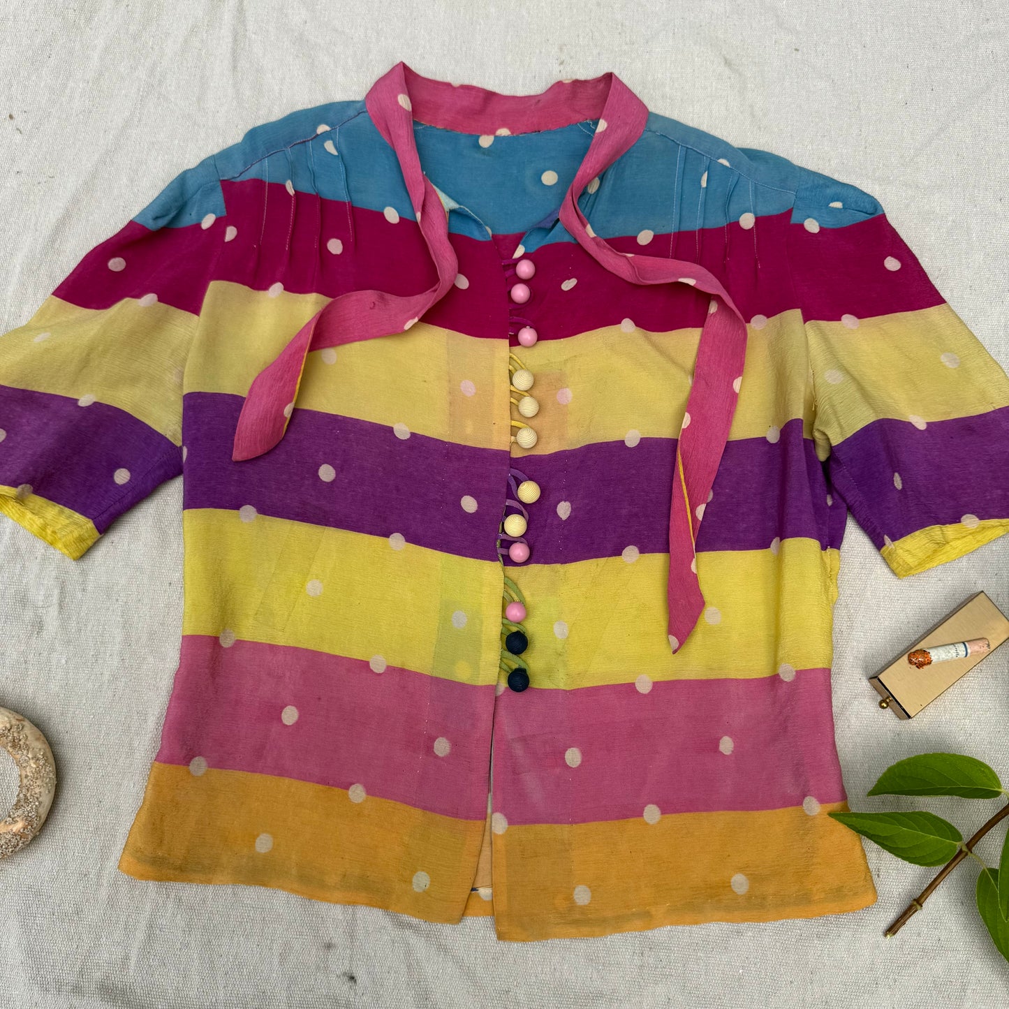 1930s Sorbet Striped & Polka Dot Silk Blouse