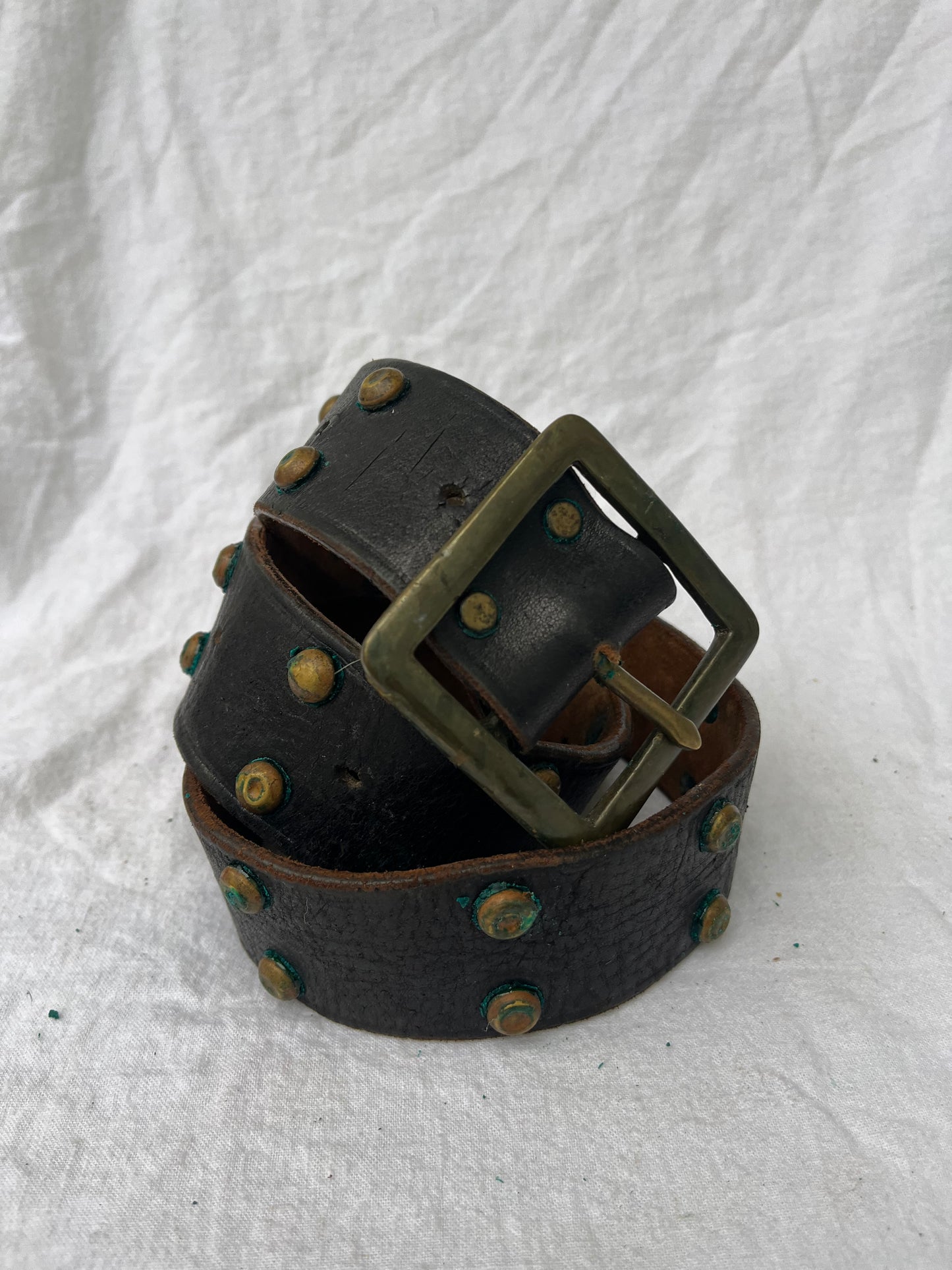 Black Leather Brass Studded Belt 32”-36”