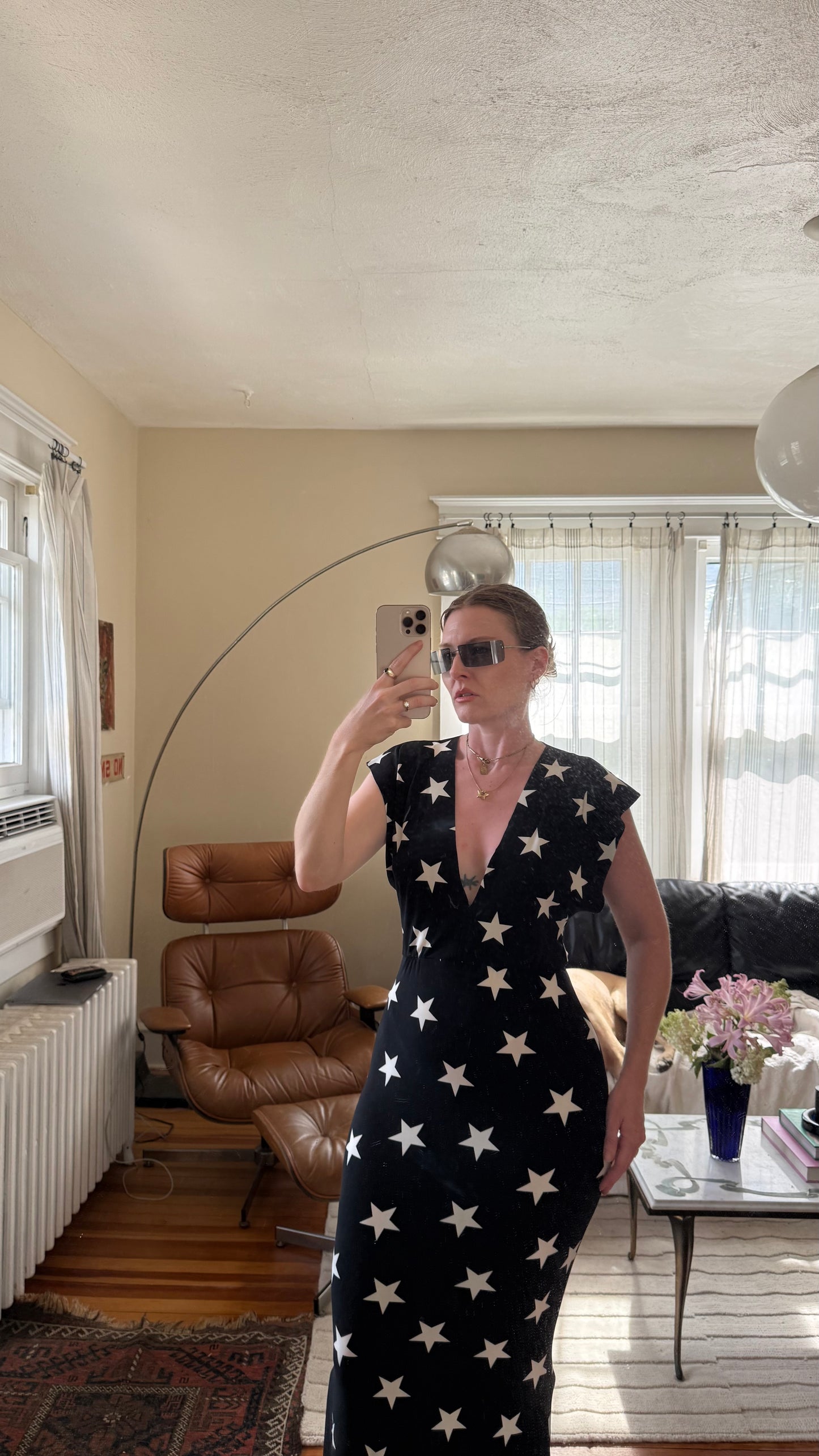 Norma Kamali V Neck All Over Star Print Gown M