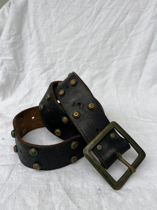 Black Leather Brass Studded Belt 32”-36”