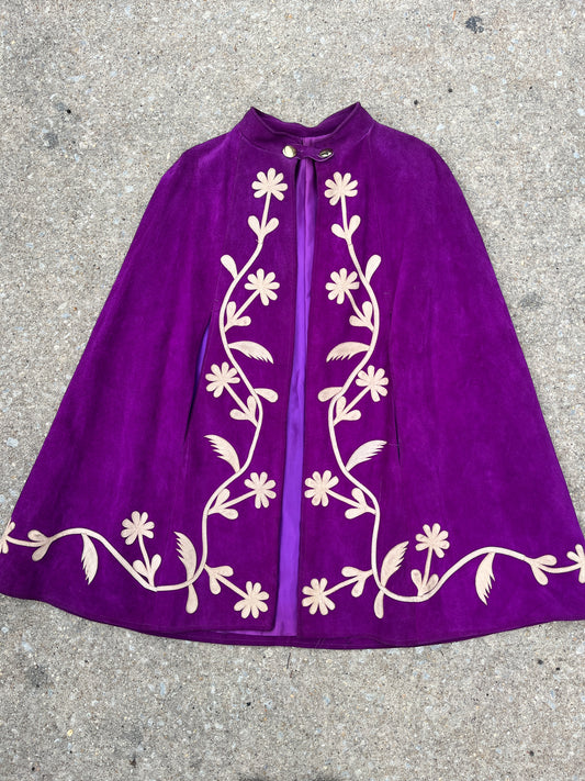 1970s Suede Purple Cape Floral Appliqué