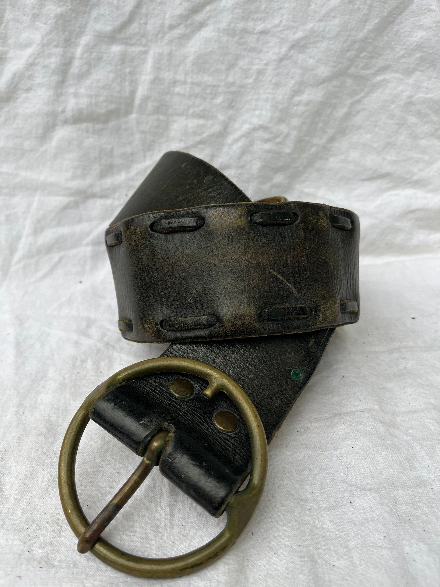 Wide Black Leather Belt with Brass Buckle 38”-41”