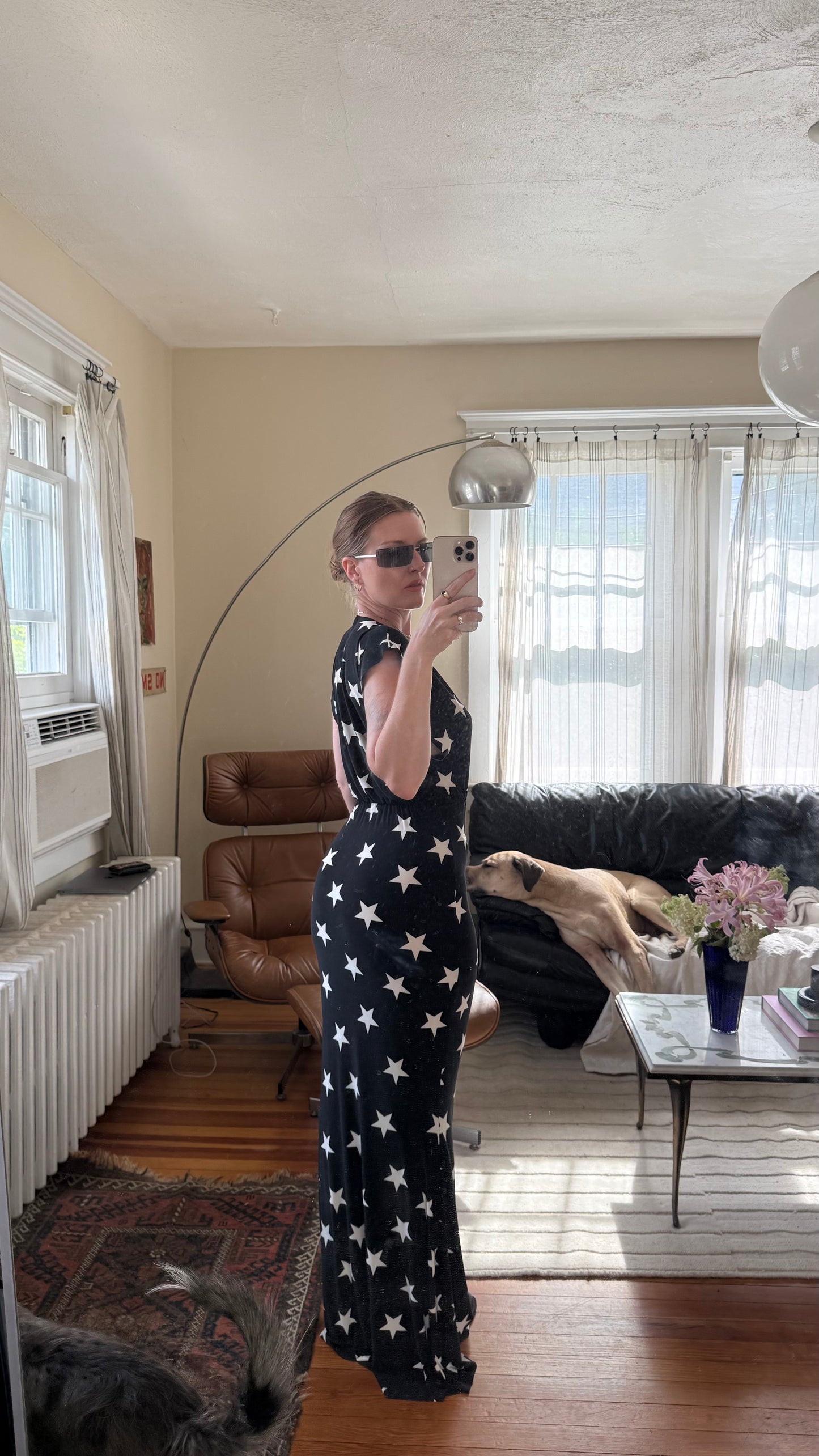 Norma Kamali V Neck All Over Star Print Gown M
