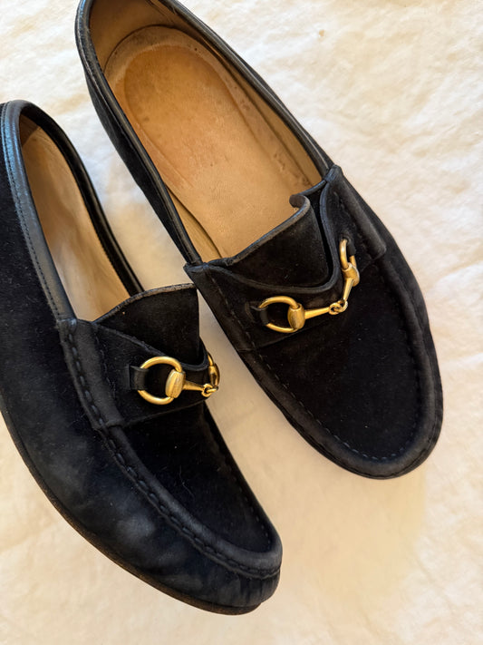 Vintage 1980s Gucci Black Suede Horsebit Loafers Size 7