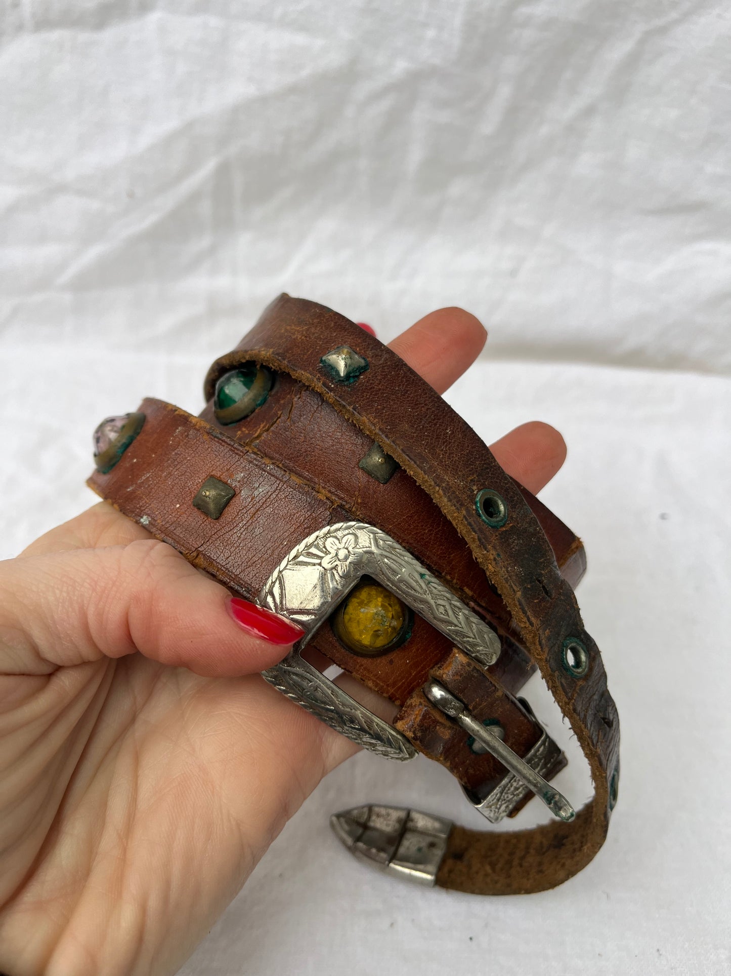 1950s Studded and Jeweled Thin Brown Leather Belt 37”-41” Plus Additional Belt