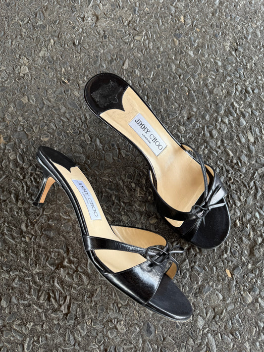 Jimmy Choo Black Leather Kitten Heels with Bow 37.5 & Silk and Wooden Vintage Heels 9
