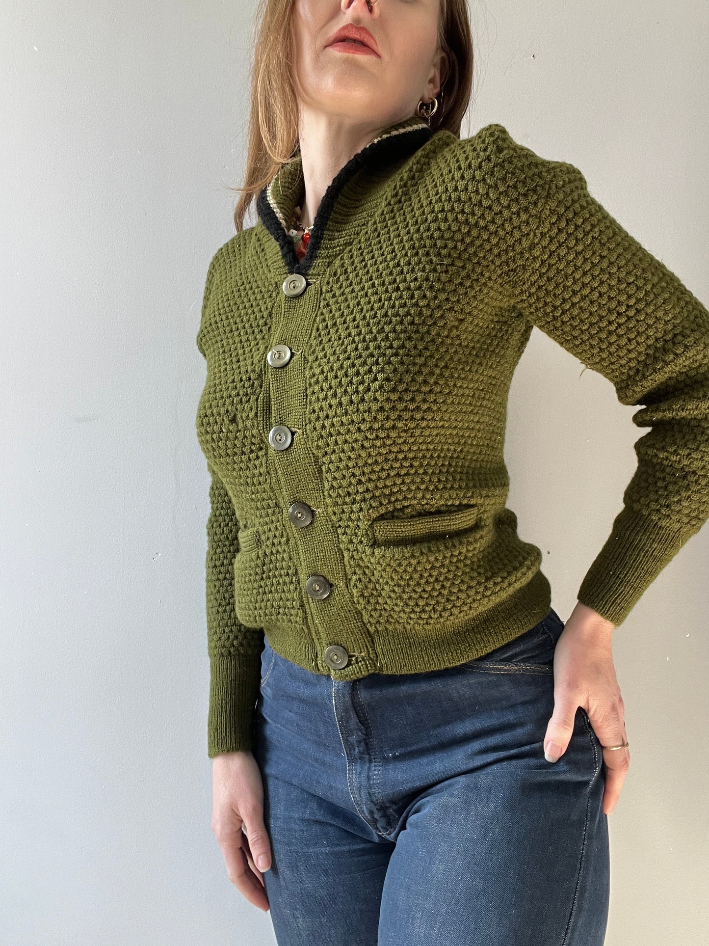 1950s Avocado Green Pennleigh Knit Shawl Sweater S