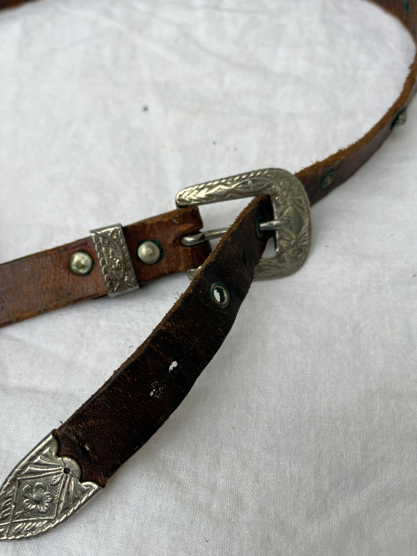 1950s Studded and Jeweled Thin Brown Leather Belt 37”-41” Plus Additional Belt