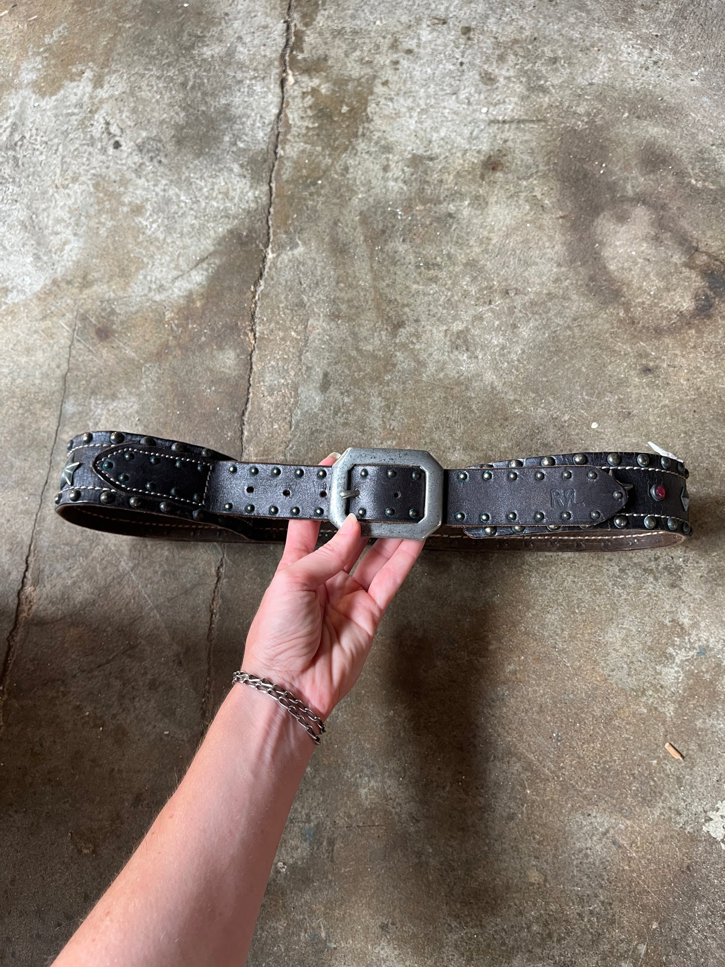 RRL Star and Jewel Studded Leather Biker Belt 34”-40”