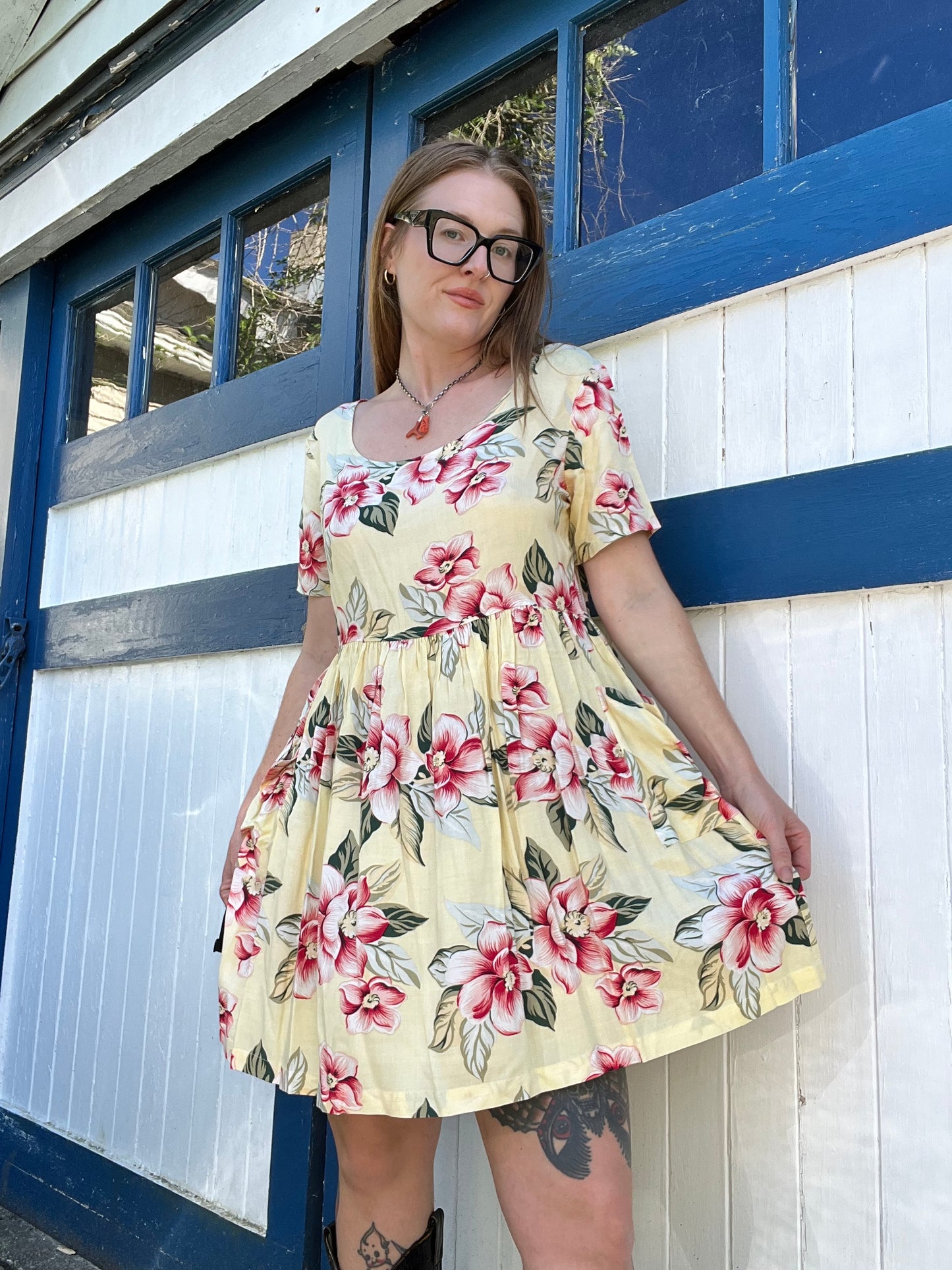 1990's Moda Intl Floral Yellow Mini Dress 100% Rayon