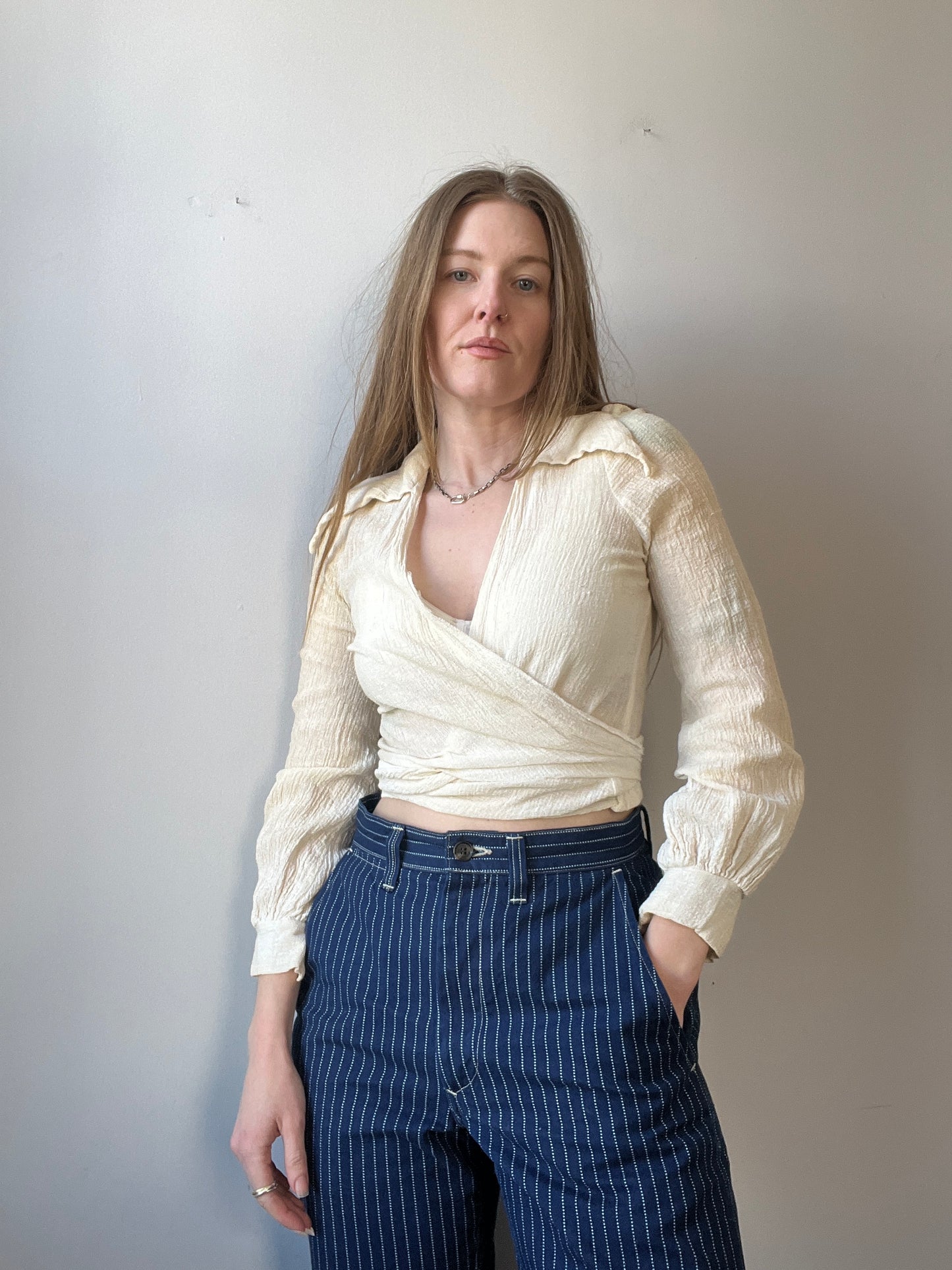 1970s Gauzy Cotton Ivory Wrap Blouse