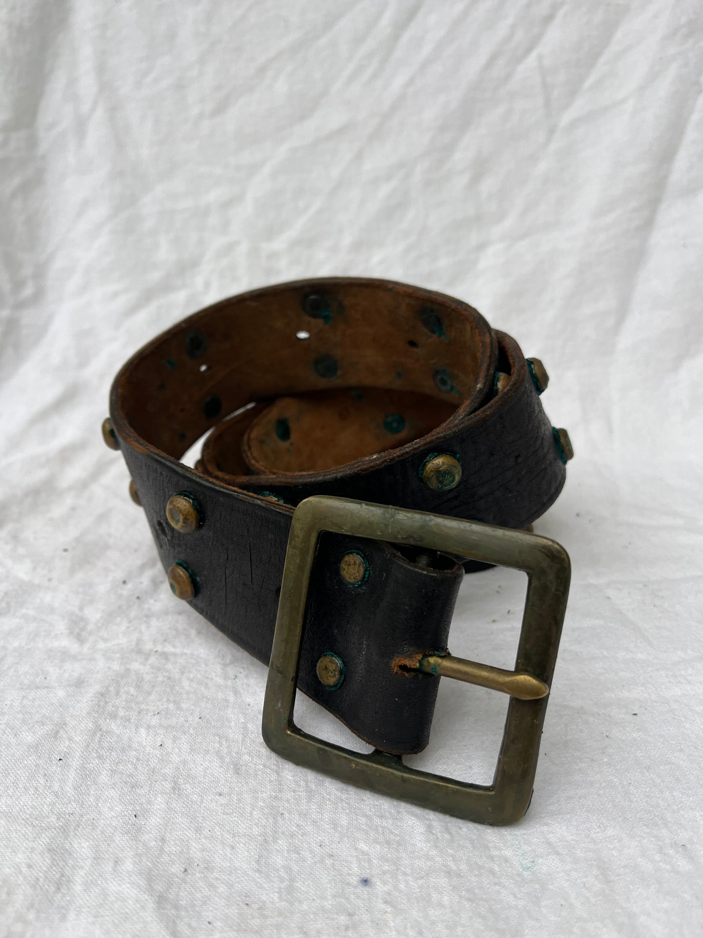 Black Leather Brass Studded Belt 32”-36”