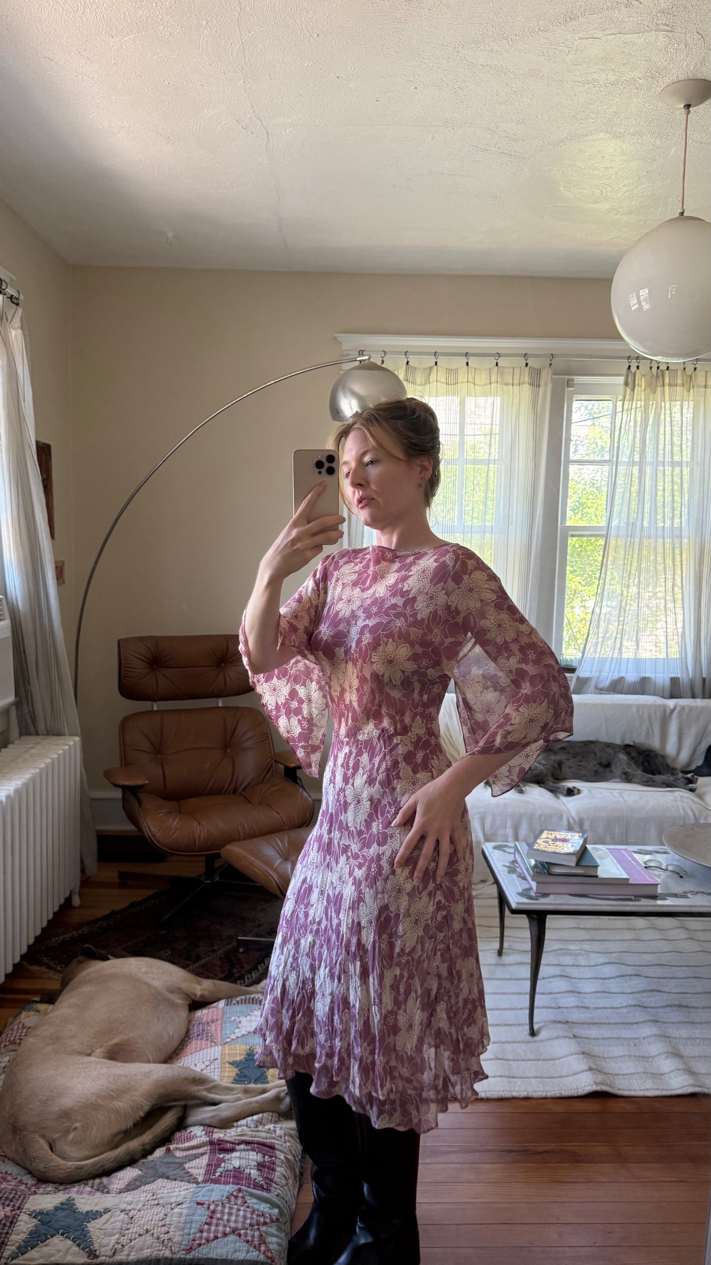 1930s 1940s Silk Chiffon Dress with Fairy Bell Sleeves M