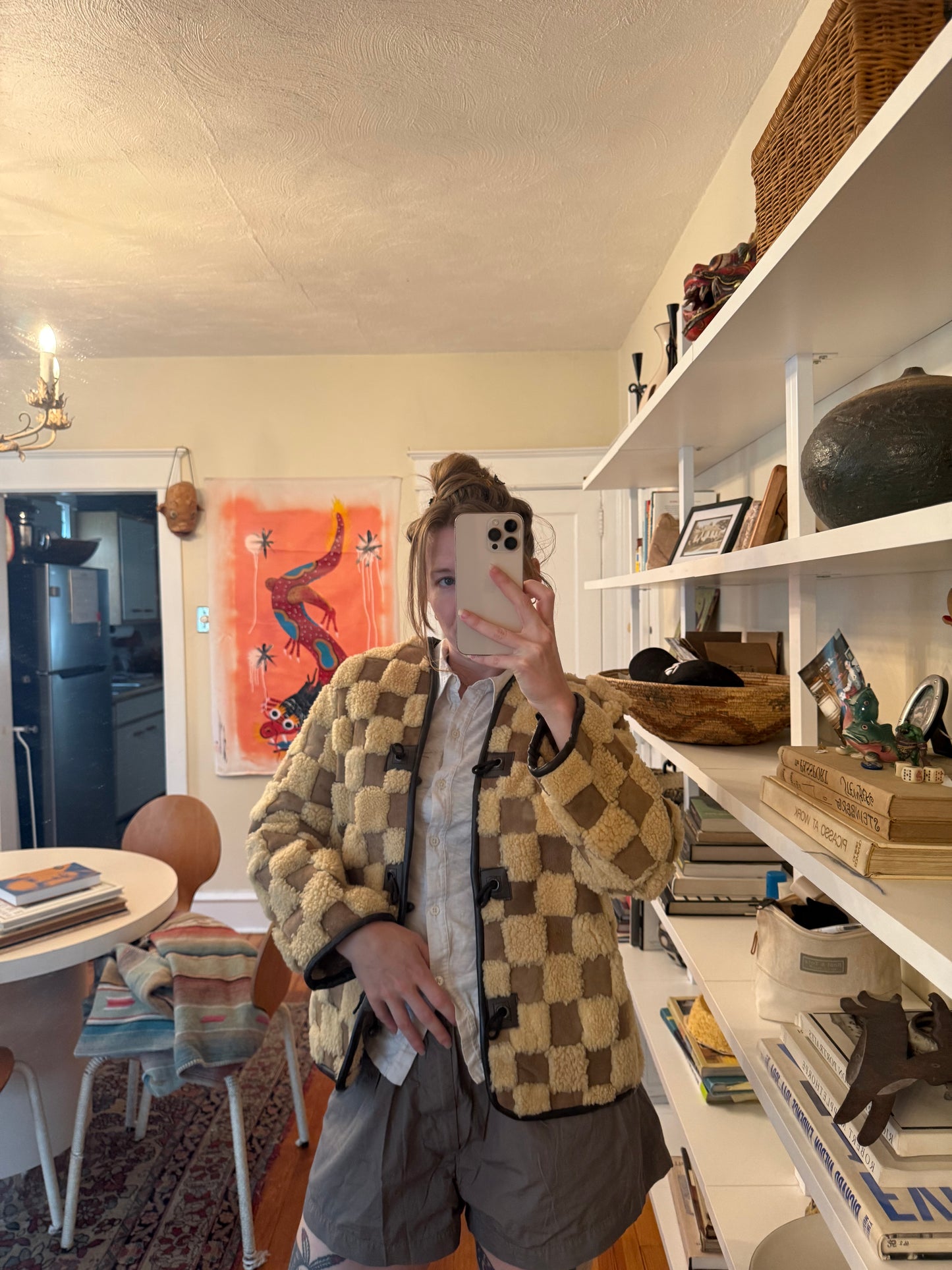 Incredible 1970s/1980s Suede & Sherpa Checkered Coat S/M